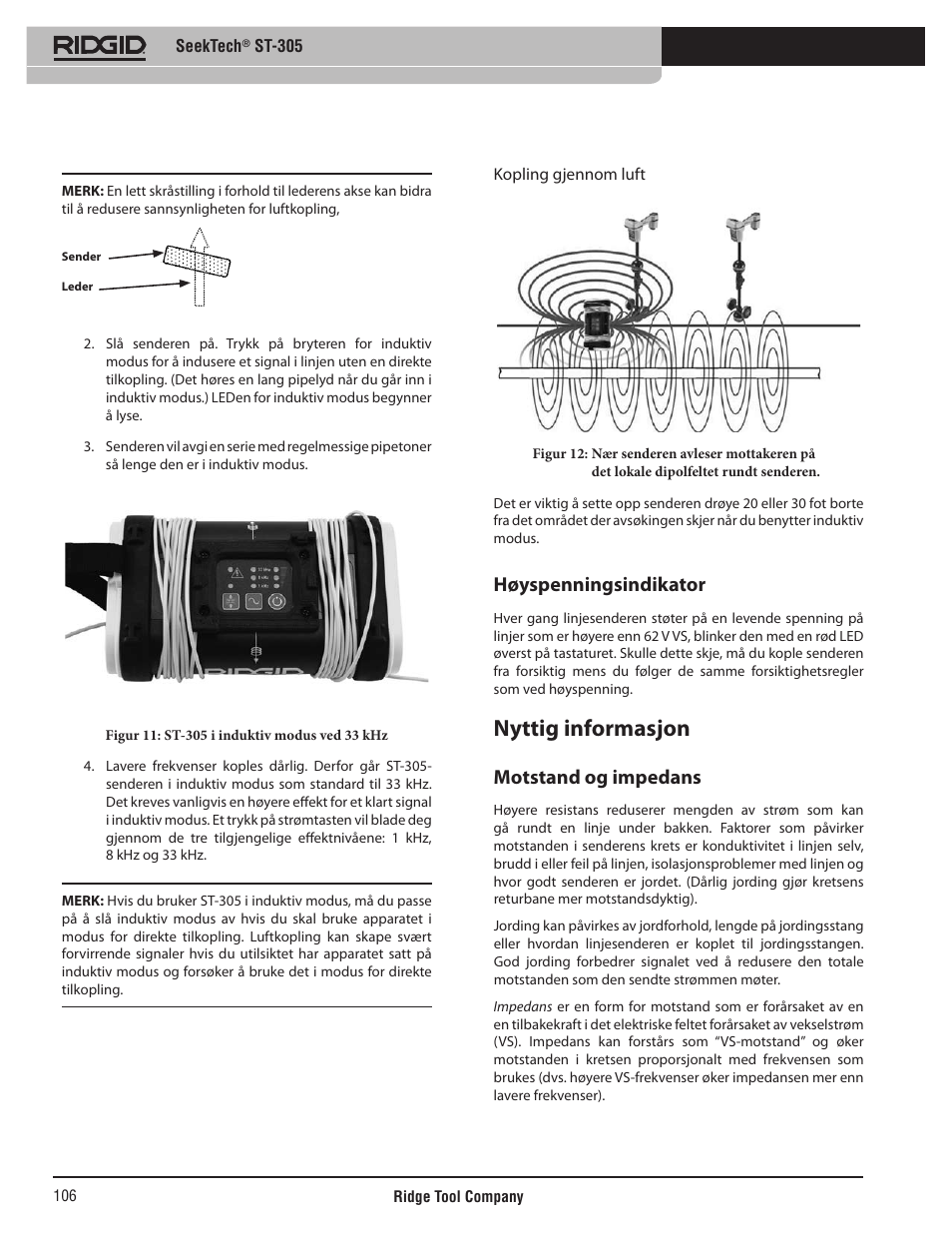 Nyttig informasjon, Høyspenningsindikator, Motstand og impedans | RIDGID SeekTech ST-305 User Manual | Page 107 / 141