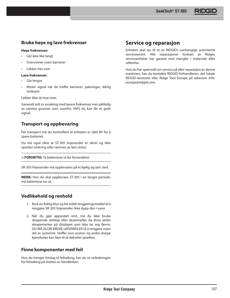 Service og reparasjon, Bruke høye og lave frekvenser, Transport og oppbevaring | Vedlikehold og renhold, Finne komponenter med feil | RIDGID SeekTech ST-305 User Manual | Page 108 / 141