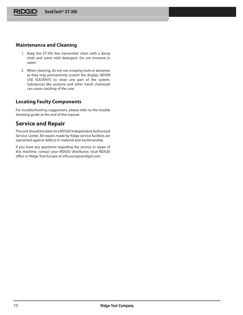 Service and repair, Maintenance and cleaning, Locating faulty components | RIDGID SeekTech ST-305 User Manual | Page 11 / 141