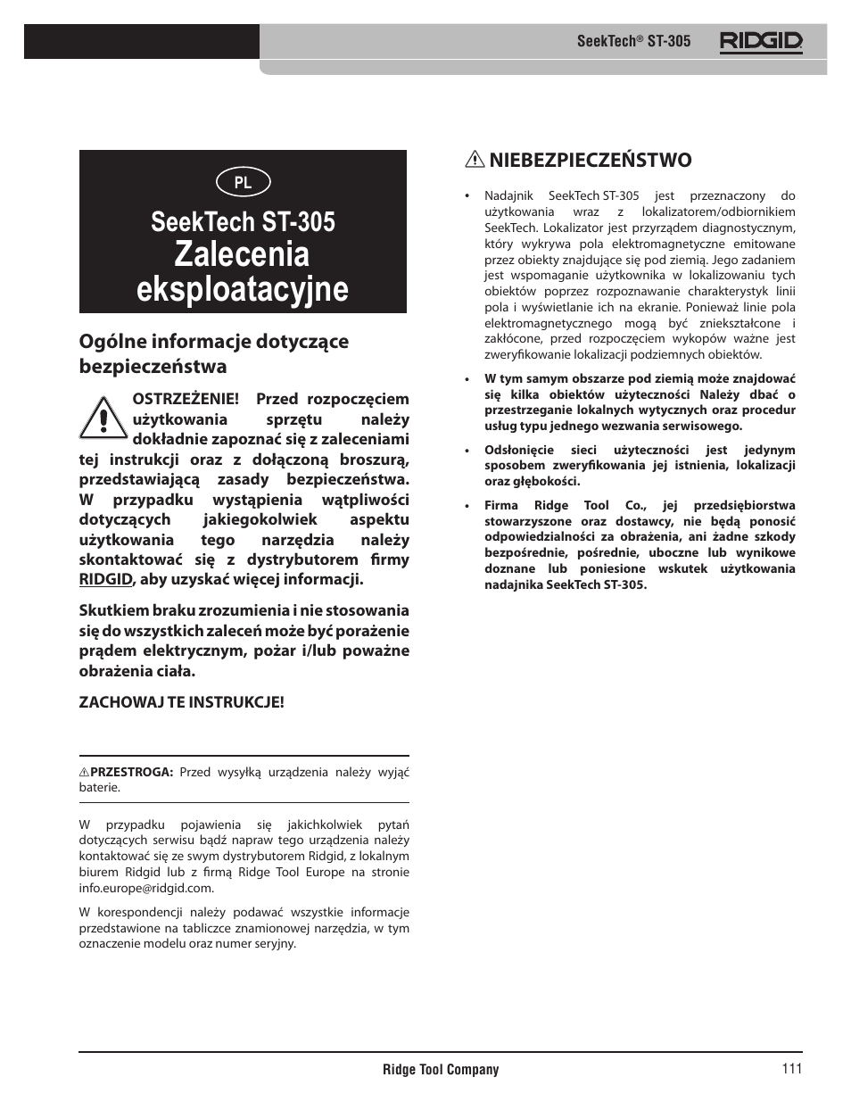 Zalecenia eksploatacyjne, Seektech st-305, Niebezpieczeństwo | Ogólne informacje dotyczące bezpieczeństwa | RIDGID SeekTech ST-305 User Manual | Page 112 / 141