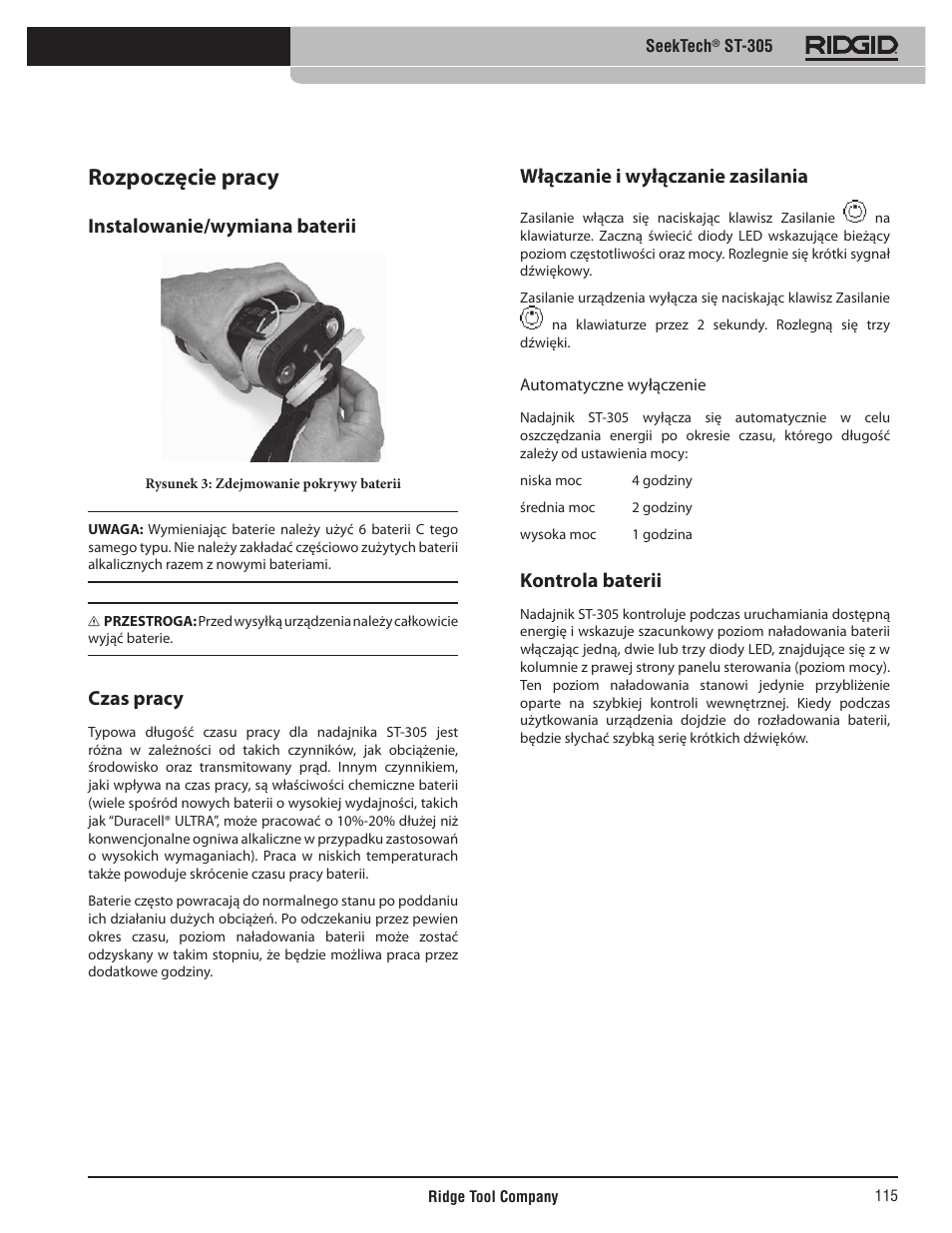 Rozpoczęcie pracy, Instalowanie/wymiana baterii, Czas pracy | Włączanie i wyłączanie zasilania, Kontrola baterii | RIDGID SeekTech ST-305 User Manual | Page 116 / 141