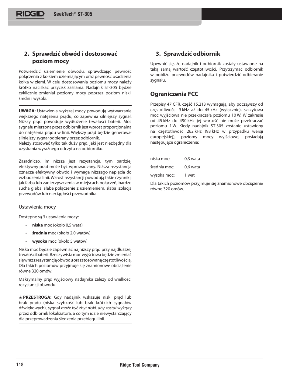 Sprawdzić obwód i dostosować poziom mocy, Sprawdzić odbiornik, Ograniczenia fcc | RIDGID SeekTech ST-305 User Manual | Page 119 / 141