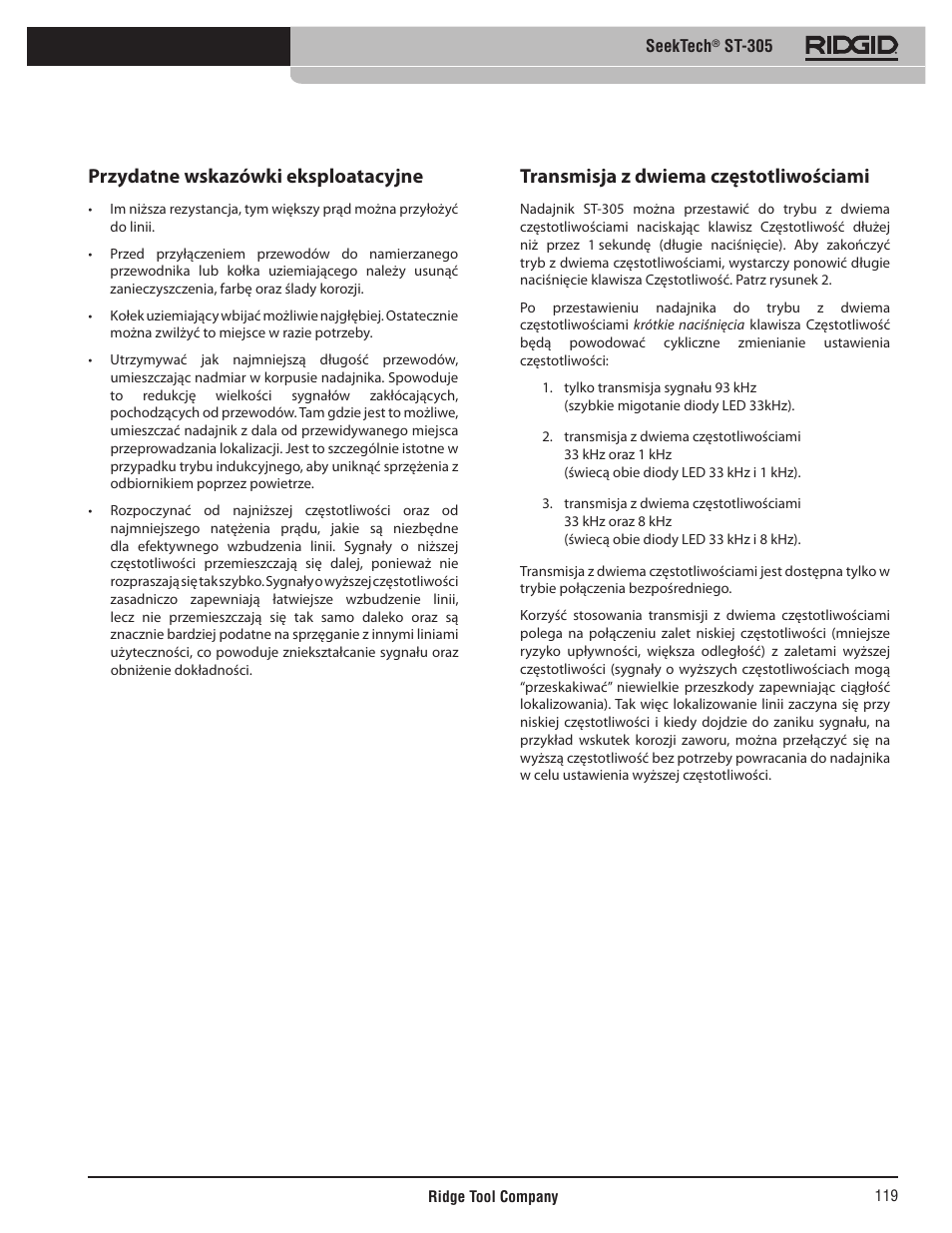 Przydatne wskazówki eksploatacyjne, Transmisja z dwiema częstotliwościami | RIDGID SeekTech ST-305 User Manual | Page 120 / 141