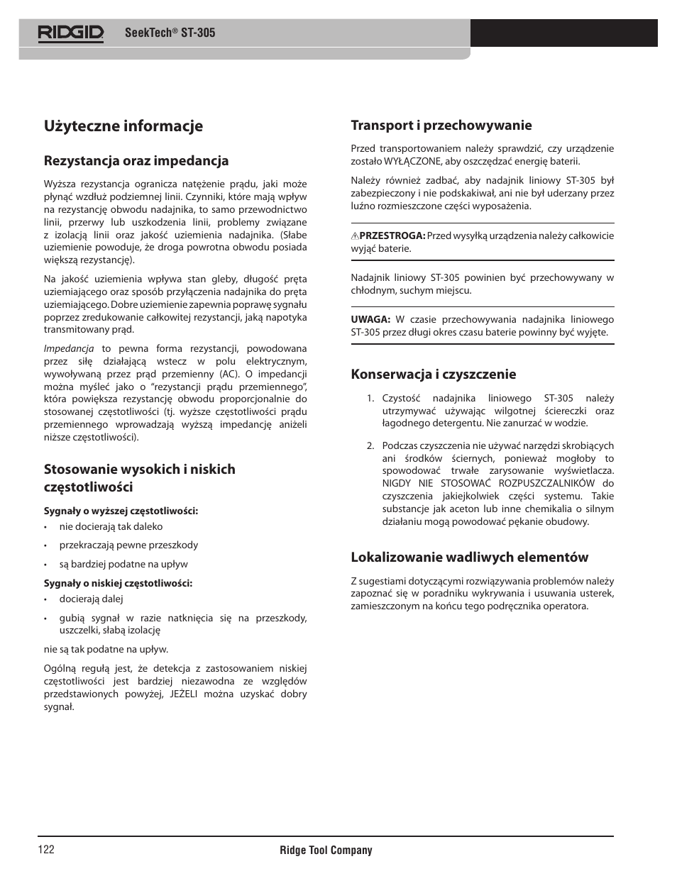Użyteczne informacje, Rezystancja oraz impedancja, Stosowanie wysokich i niskich częstotliwości | Transport i przechowywanie, Konserwacja i czyszczenie, Lokalizowanie wadliwych elementów | RIDGID SeekTech ST-305 User Manual | Page 123 / 141