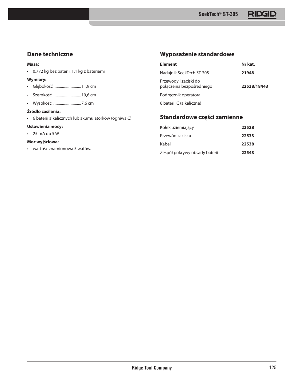 Dane techniczne, Wyposażenie standardowe, Standardowe części zamienne | RIDGID SeekTech ST-305 User Manual | Page 126 / 141