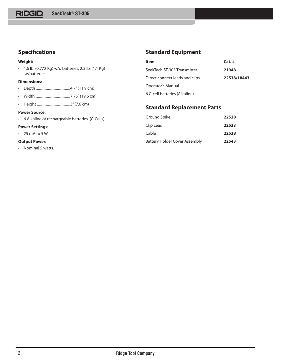 Specifications, Standard equipment, Standard replacement parts | RIDGID SeekTech ST-305 User Manual | Page 13 / 141