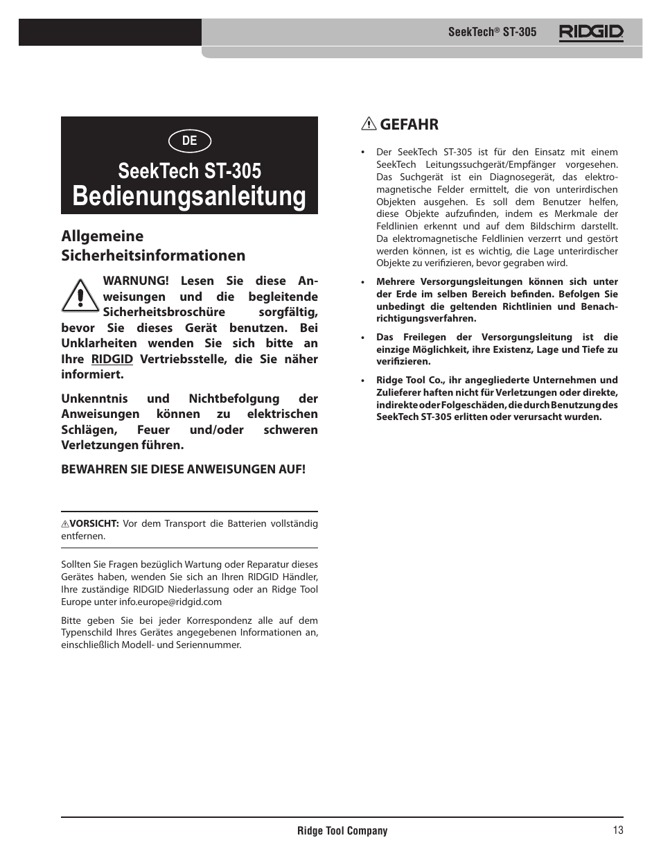 Bedienungsanleitung, Seektech st-305, Gefahr | Allgemeine sicherheitsinformationen | RIDGID SeekTech ST-305 User Manual | Page 14 / 141