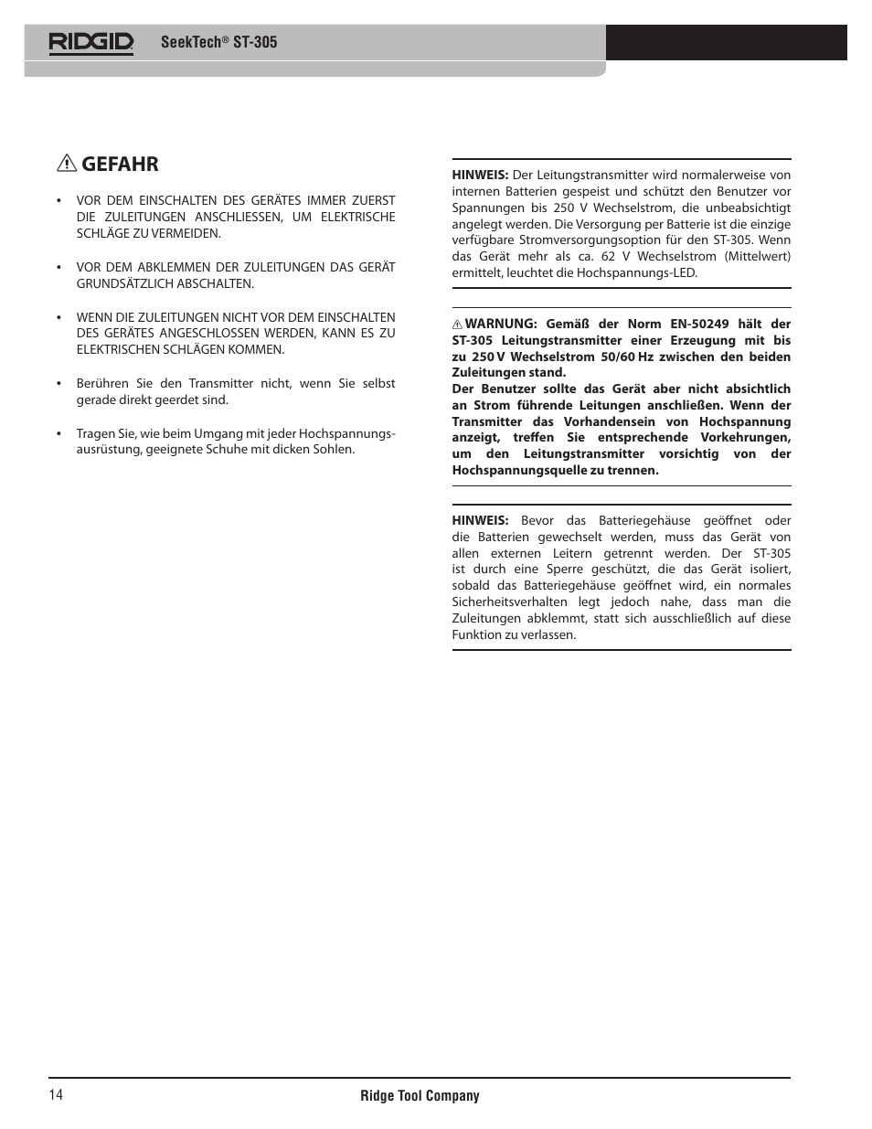 Gefahr | RIDGID SeekTech ST-305 User Manual | Page 15 / 141