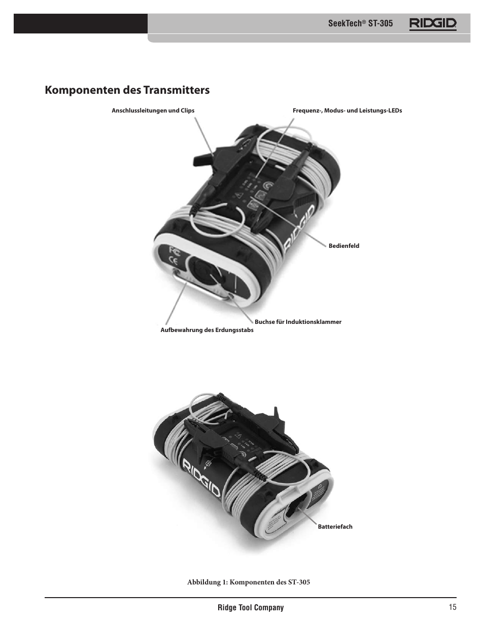 Komponenten des transmitters, Seektech, St-305 | RIDGID SeekTech ST-305 User Manual | Page 16 / 141