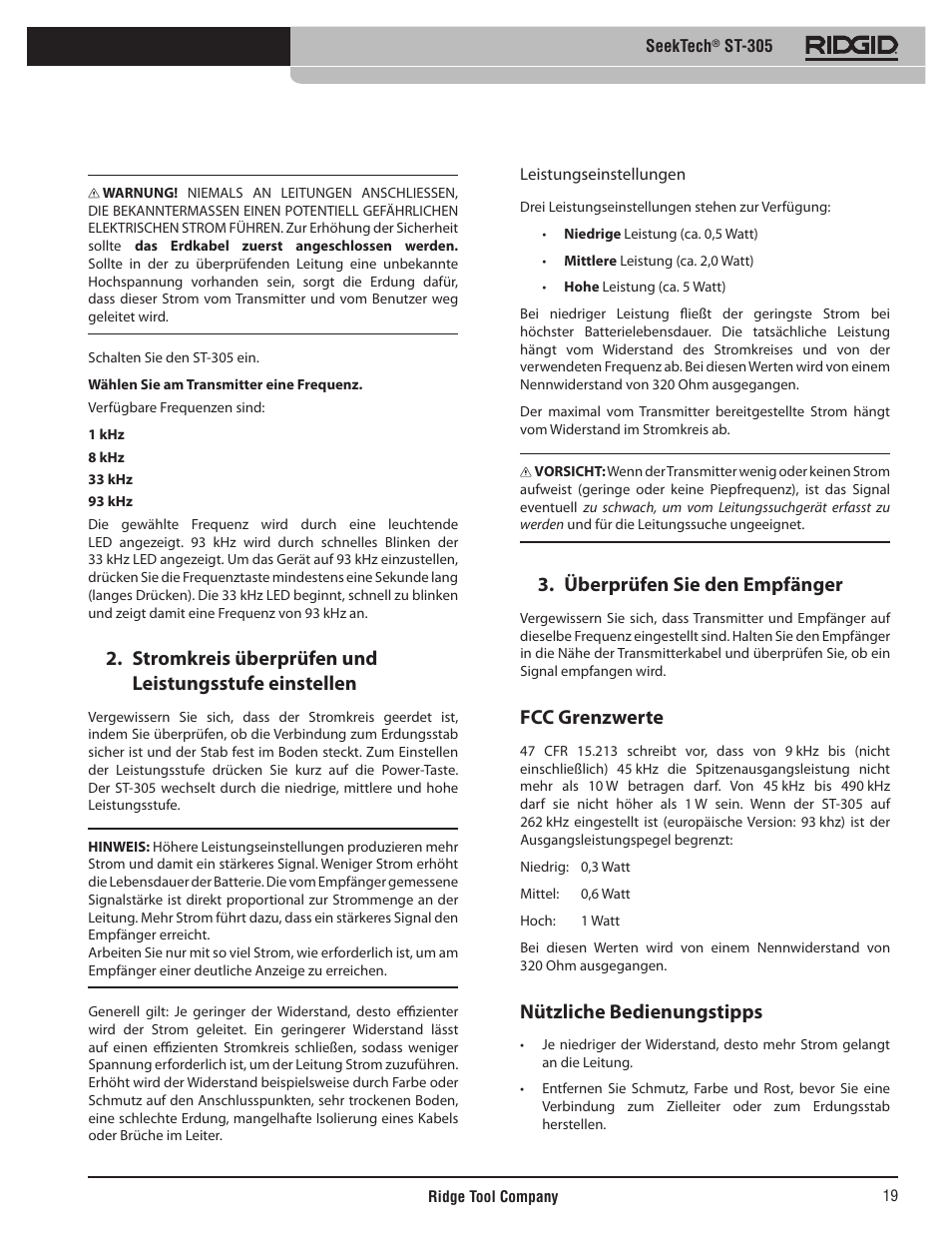 Überprüfen sie den empfänger, Fcc grenzwerte, Nützliche bedienungstipps | RIDGID SeekTech ST-305 User Manual | Page 20 / 141