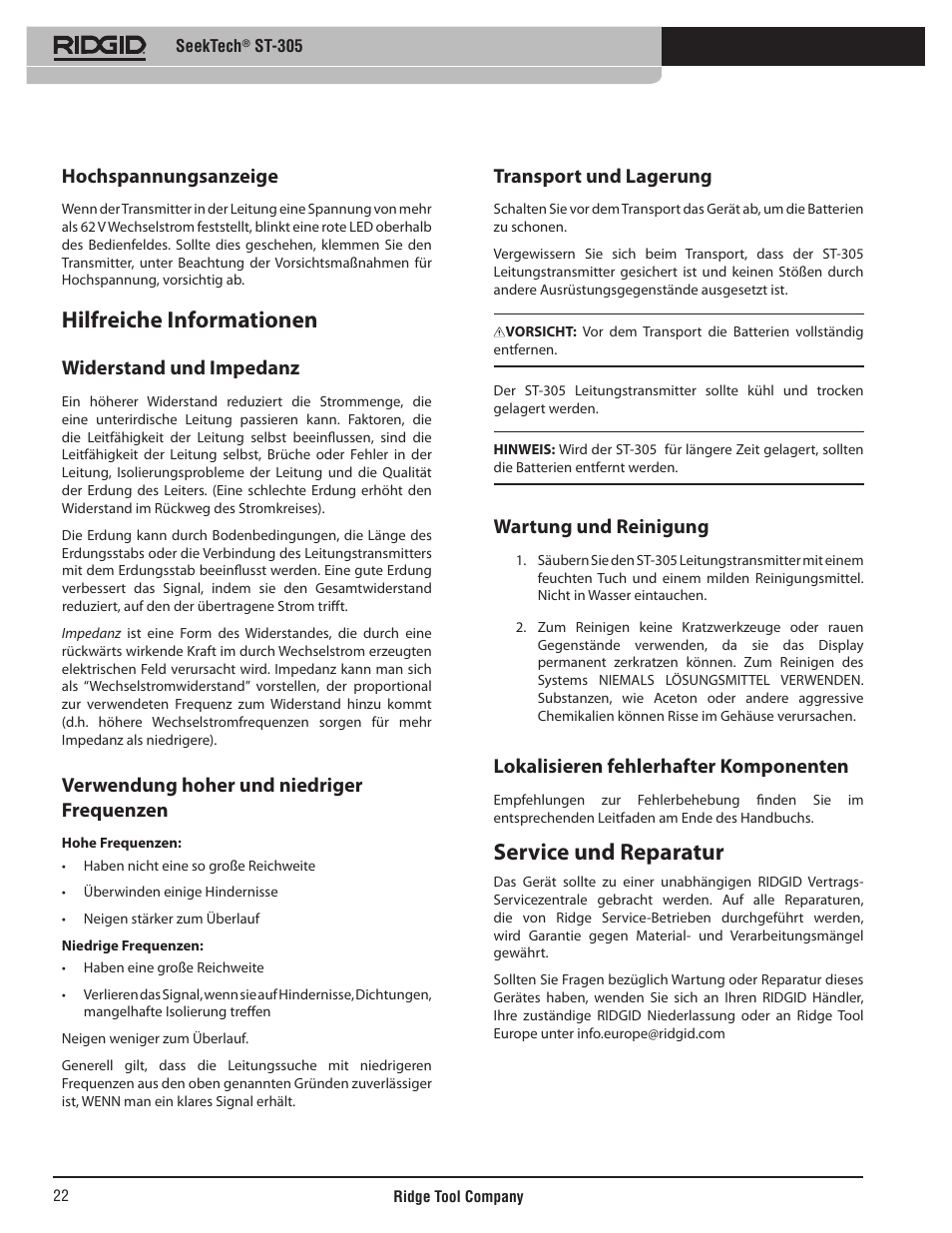 Hilfreiche informationen, Service und reparatur, Hochspannungsanzeige | Widerstand und impedanz, Verwendung hoher und niedriger frequenzen, Transport und lagerung, Wartung und reinigung, Lokalisieren fehlerhafter komponenten | RIDGID SeekTech ST-305 User Manual | Page 23 / 141