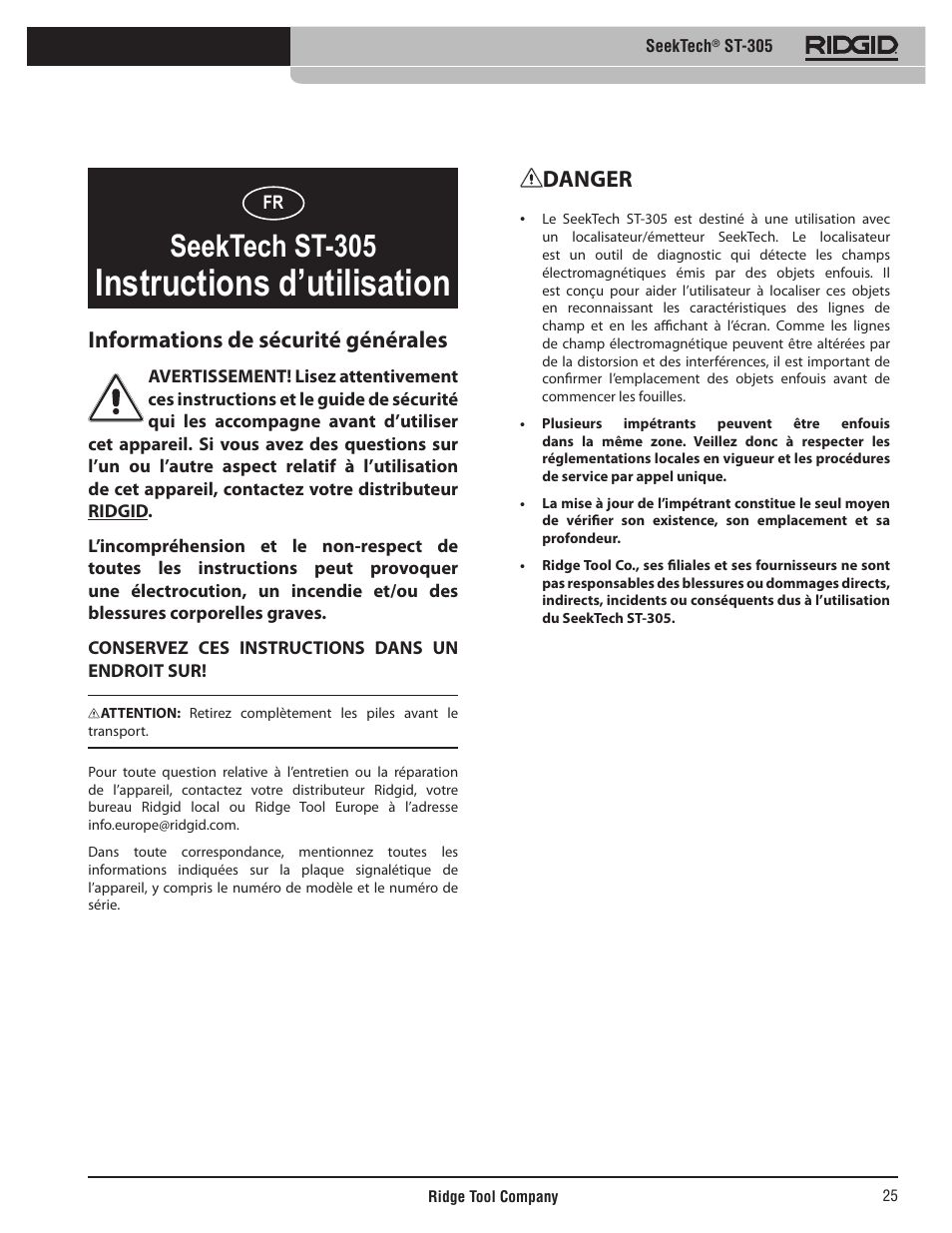 Instructions d’utilisation, Seektech st-305, Danger | Informations de sécurité générales | RIDGID SeekTech ST-305 User Manual | Page 26 / 141