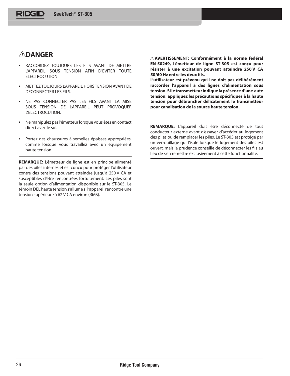 Danger | RIDGID SeekTech ST-305 User Manual | Page 27 / 141