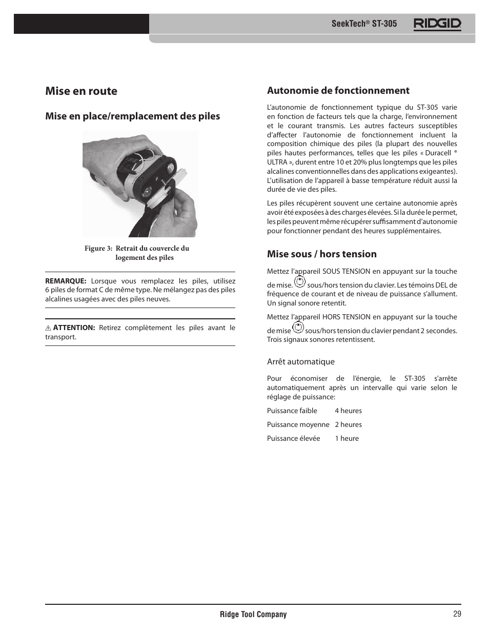 Mise en route, Mise en place/remplacement des piles, Autonomie de fonctionnement | Mise sous / hors tension | RIDGID SeekTech ST-305 User Manual | Page 30 / 141