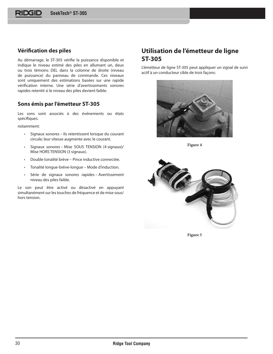 Utilisation de l’émetteur de ligne st-305, Vérification des piles, Sons émis par l’émetteur st-305 | RIDGID SeekTech ST-305 User Manual | Page 31 / 141