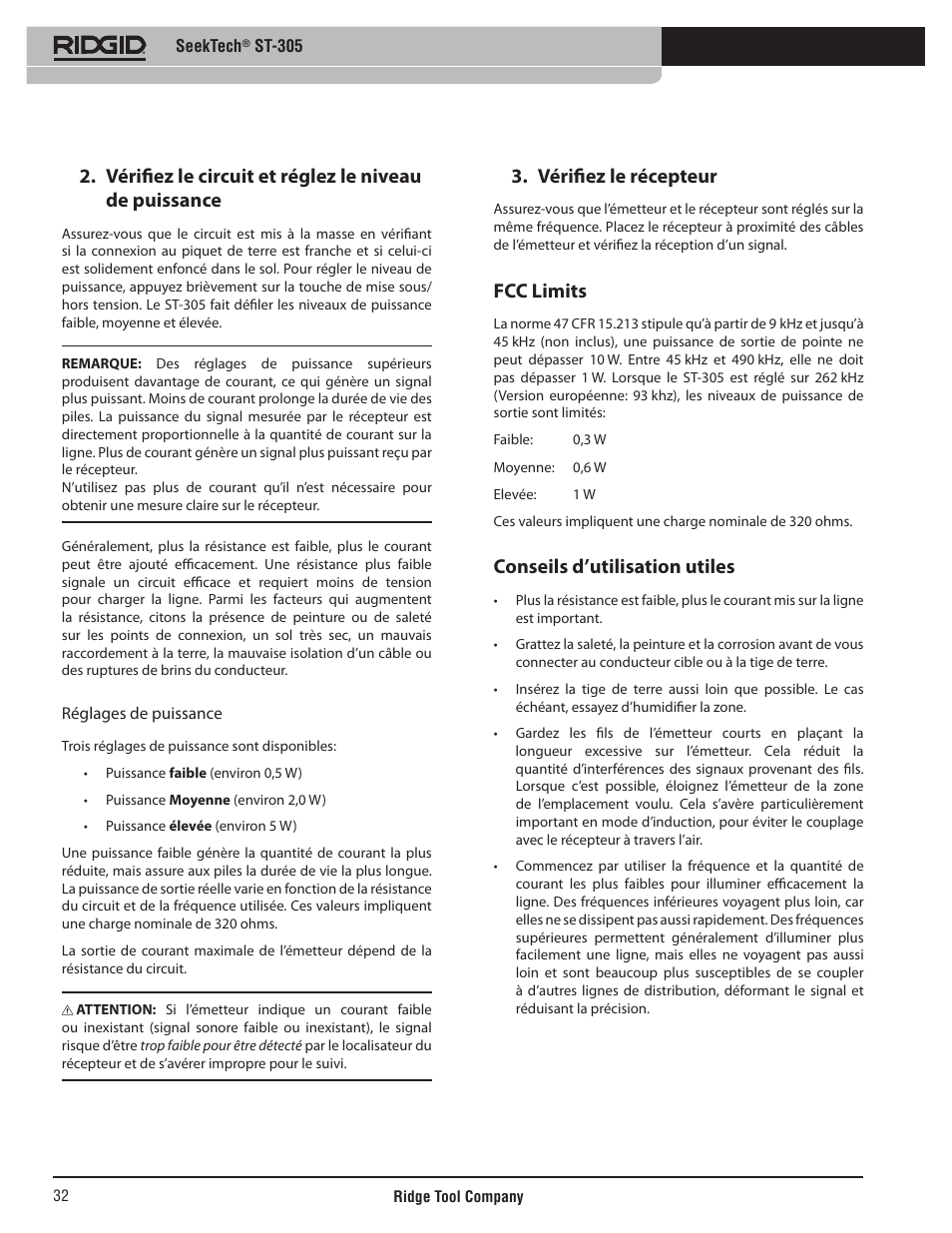 Vérifiez le récepteur, Fcc limits, Conseils d’utilisation utiles | RIDGID SeekTech ST-305 User Manual | Page 33 / 141