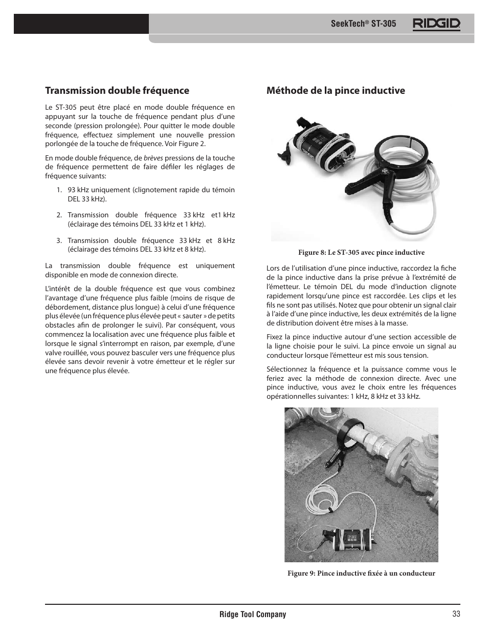 Transmission double fréquence, Méthode de la pince inductive | RIDGID SeekTech ST-305 User Manual | Page 34 / 141
