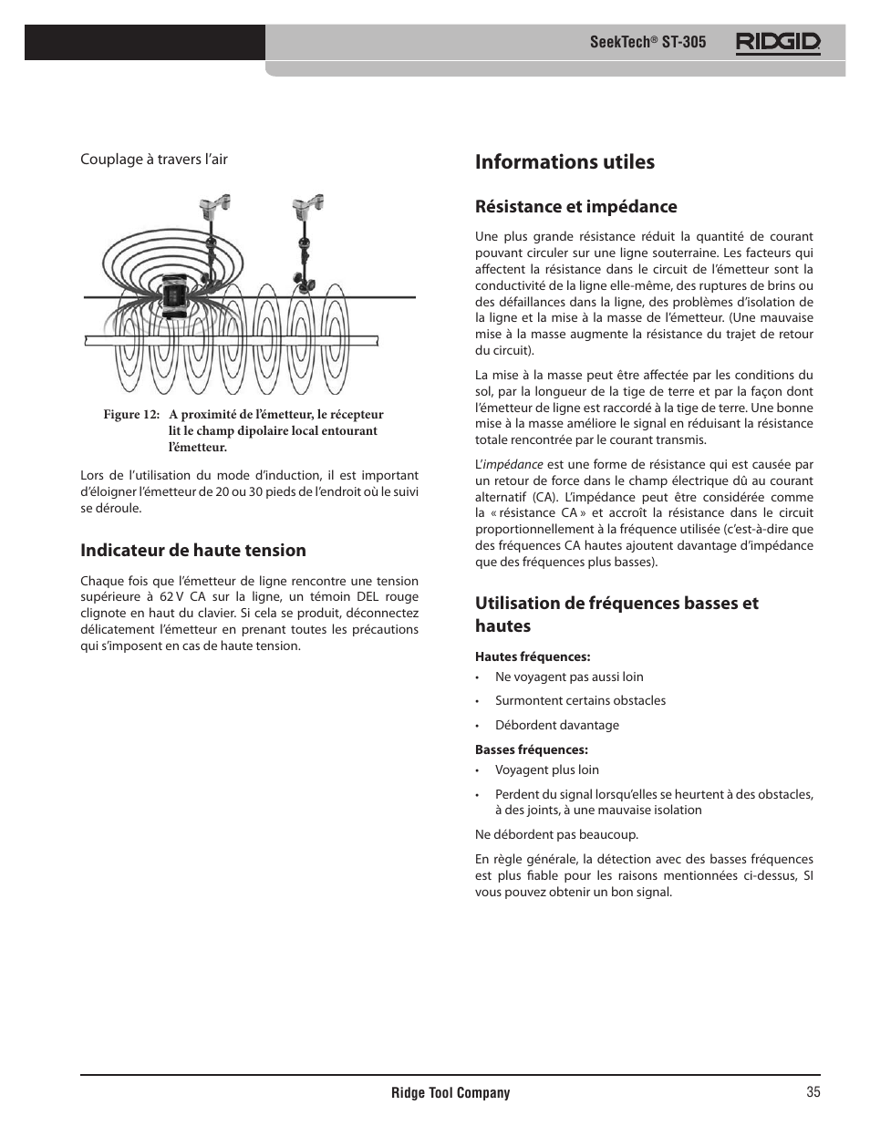 Informations utiles, Indicateur de haute tension, Résistance et impédance | Utilisation de fréquences basses et hautes | RIDGID SeekTech ST-305 User Manual | Page 36 / 141