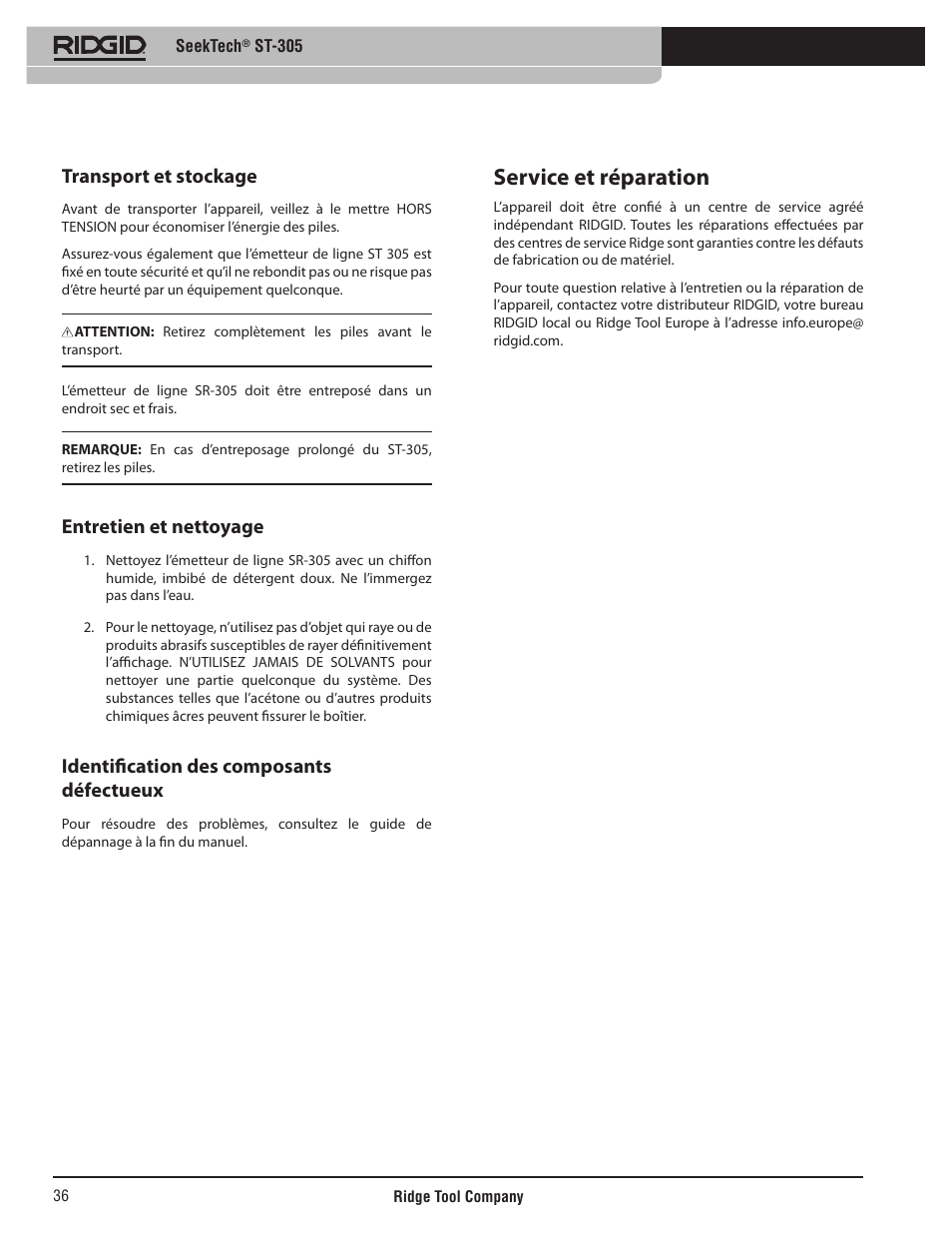 Service et réparation, Transport et stockage, Entretien et nettoyage | Identification des composants défectueux | RIDGID SeekTech ST-305 User Manual | Page 37 / 141