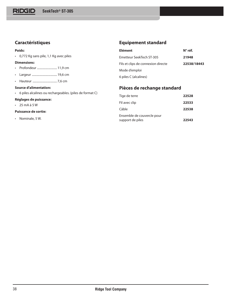 Caractéristiques, Equipement standard, Pièces de rechange standard | RIDGID SeekTech ST-305 User Manual | Page 39 / 141