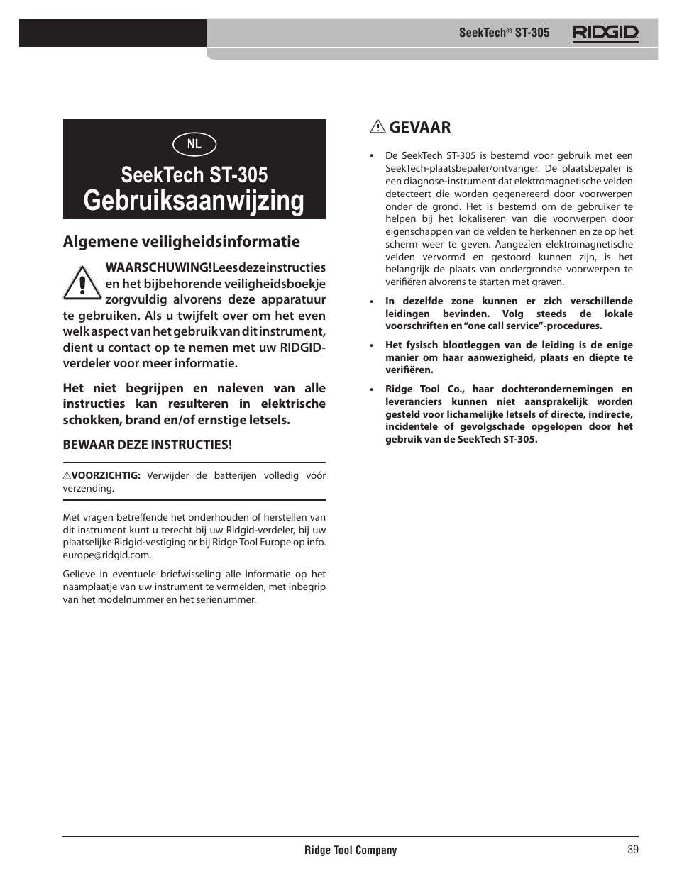 Gebruiksaanwijzing, Seektech st-305, Gevaar | Algemene veiligheidsinformatie | RIDGID SeekTech ST-305 User Manual | Page 40 / 141