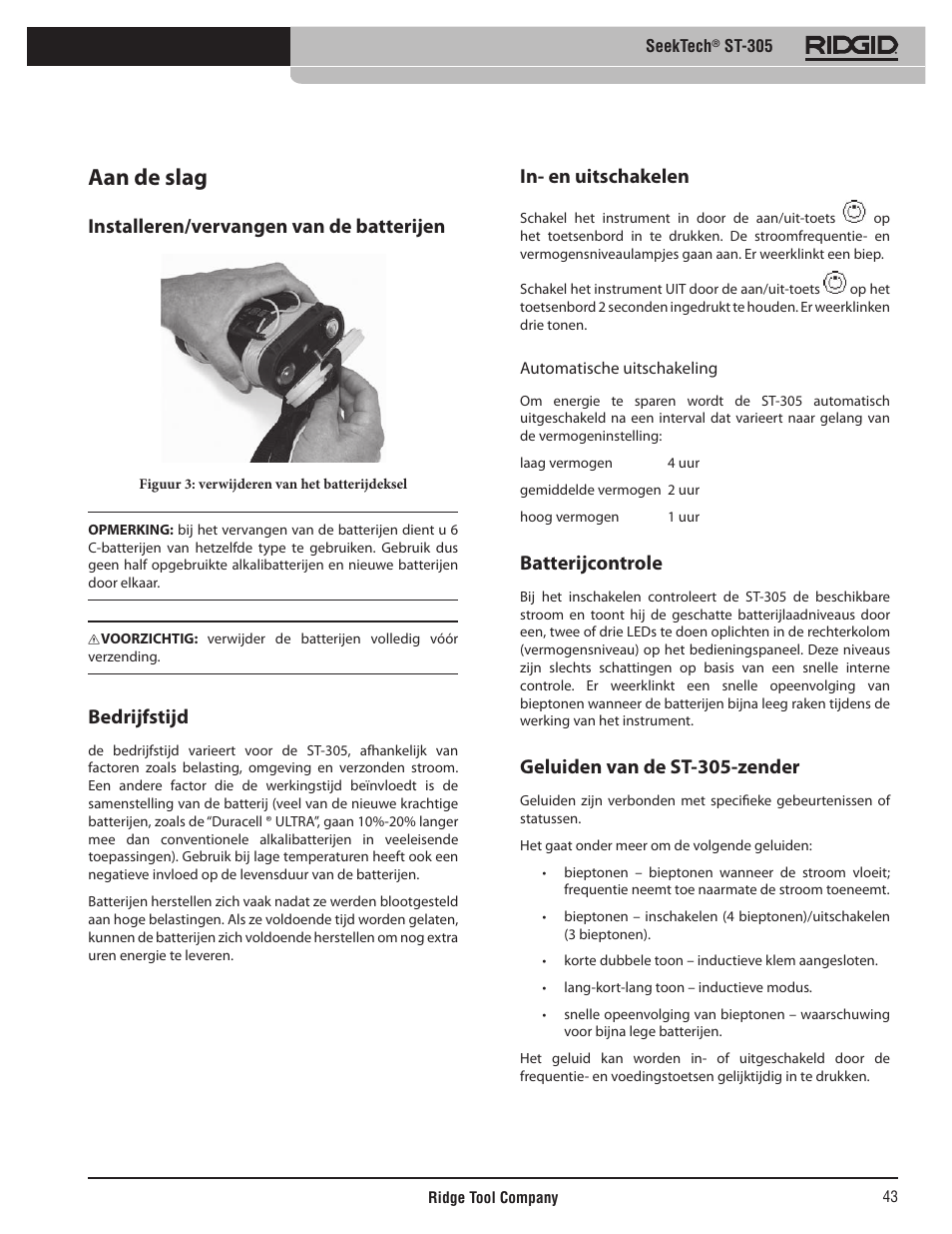 Aan de slag, Installeren/vervangen van de batterijen, Bedrijfstijd | In- en uitschakelen, Batterijcontrole, Geluiden van de st-305-zender | RIDGID SeekTech ST-305 User Manual | Page 44 / 141