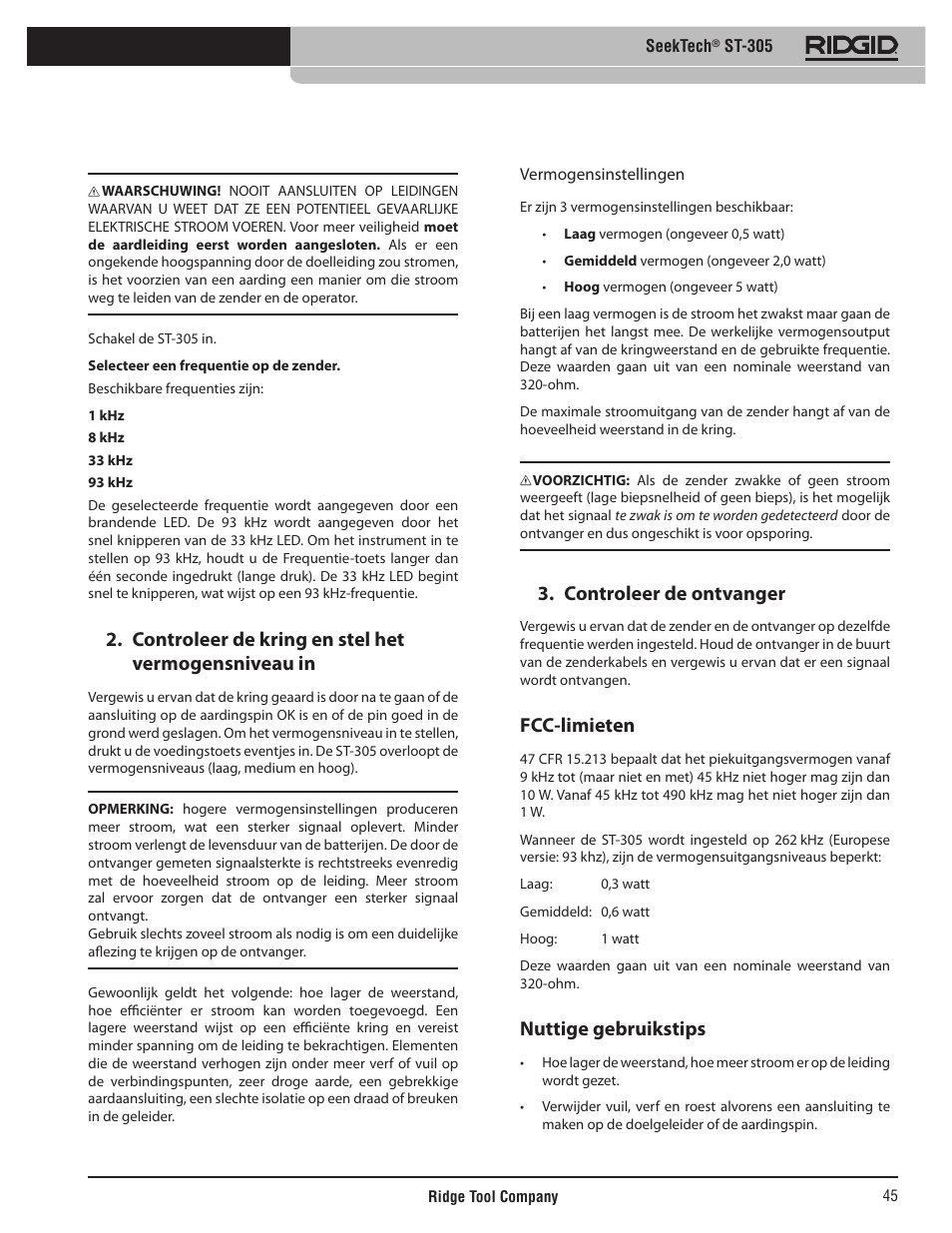 Controleer de kring en stel het vermogensniveau in, Controleer de ontvanger, Fcc-limieten | Nuttige gebruikstips | RIDGID SeekTech ST-305 User Manual | Page 46 / 141