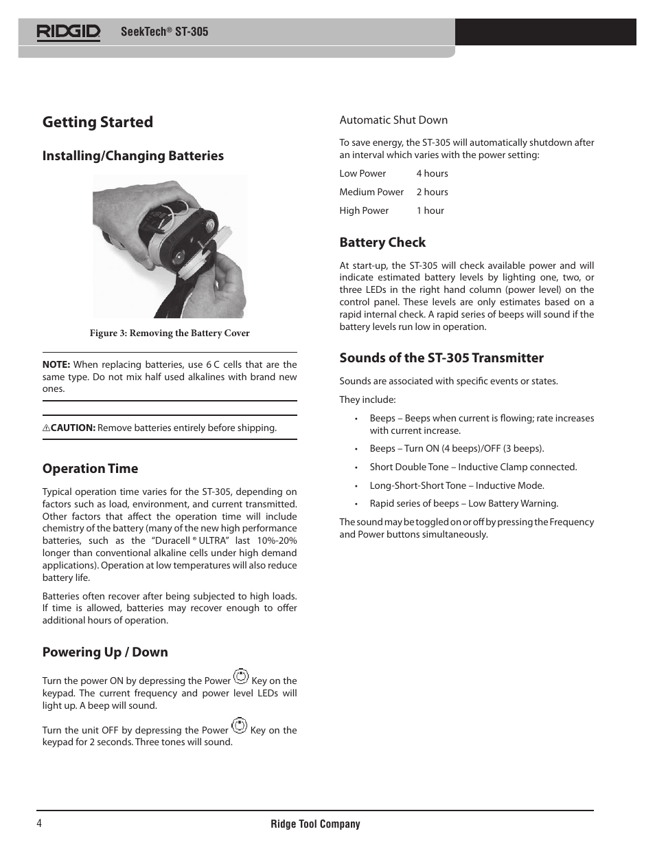 Getting started, Installing/changing batteries, Operation time | Powering up / down, Battery check, Sounds of the st-305 transmitter | RIDGID SeekTech ST-305 User Manual | Page 5 / 141