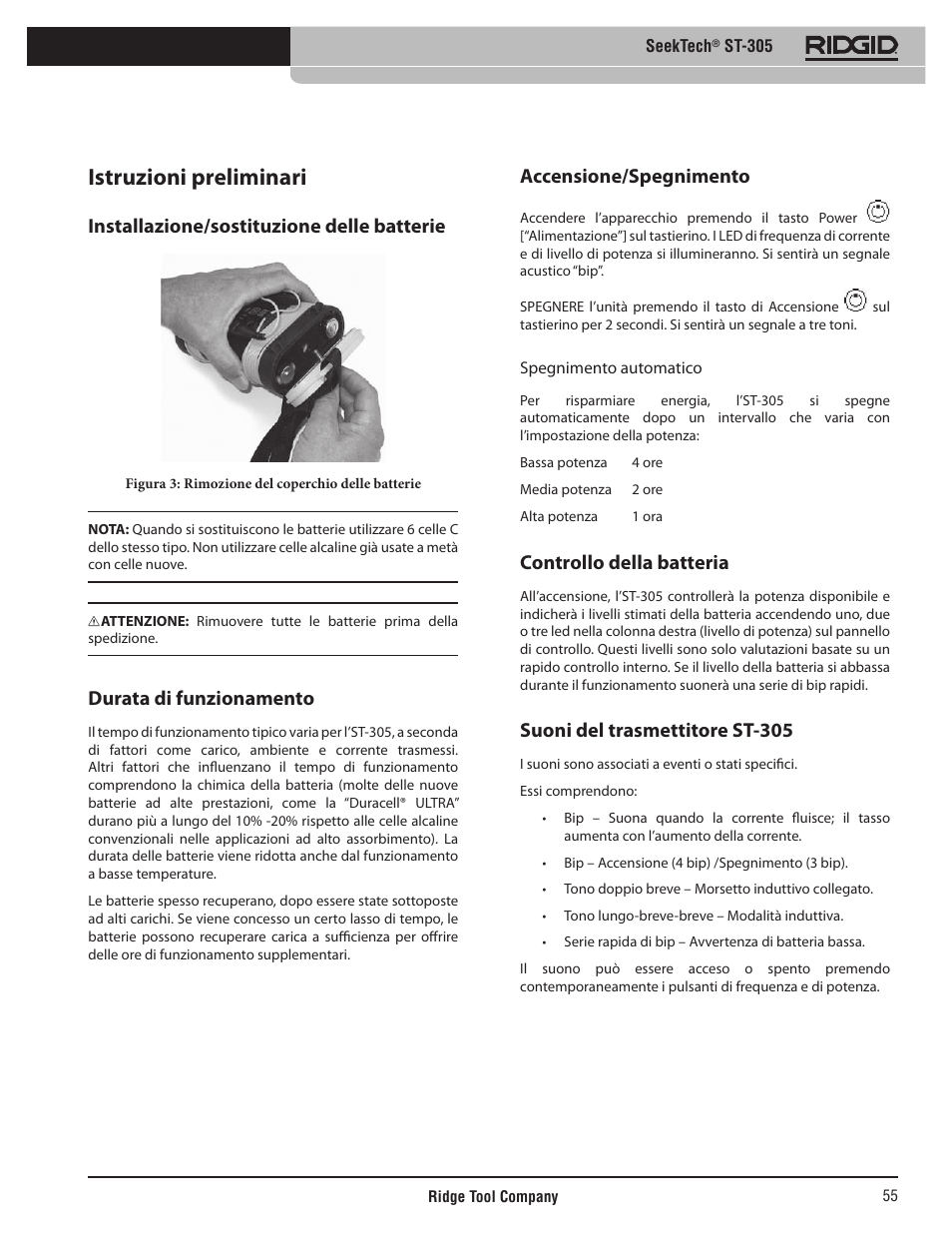 Istruzioni preliminari, Installazione/sostituzione delle batterie, Durata di funzionamento | Accensione/spegnimento, Controllo della batteria, Suoni del trasmettitore st-305 | RIDGID SeekTech ST-305 User Manual | Page 56 / 141