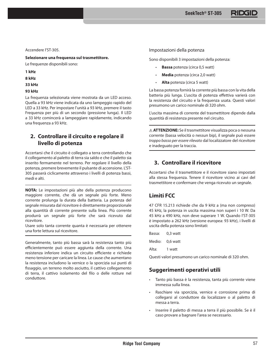 Controllare il ricevitore, Limiti fcc, Suggerimenti operativi utili | RIDGID SeekTech ST-305 User Manual | Page 58 / 141