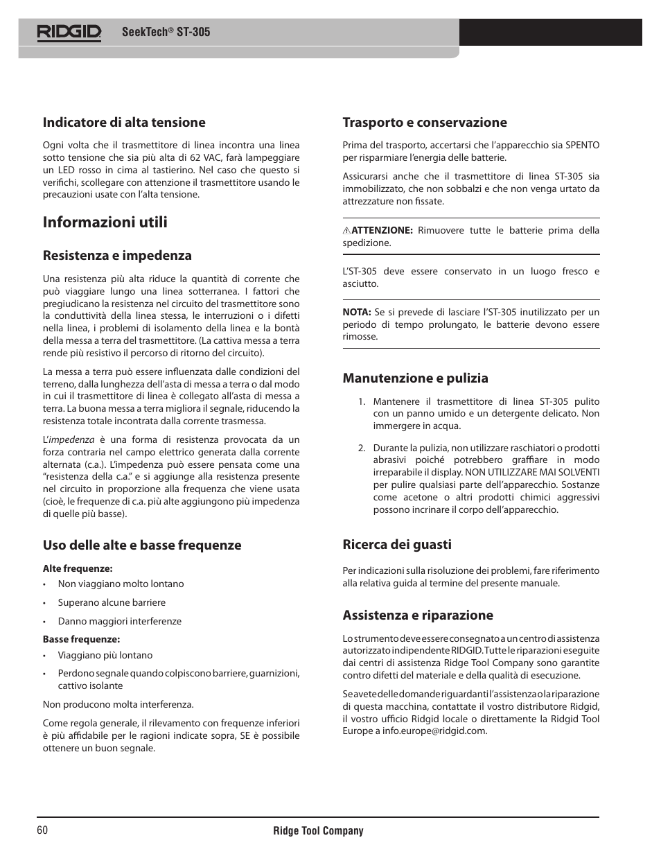 Informazioni utili, Indicatore di alta tensione, Resistenza e impedenza | Uso delle alte e basse frequenze, Trasporto e conservazione, Manutenzione e pulizia, Ricerca dei guasti, Assistenza e riparazione | RIDGID SeekTech ST-305 User Manual | Page 61 / 141