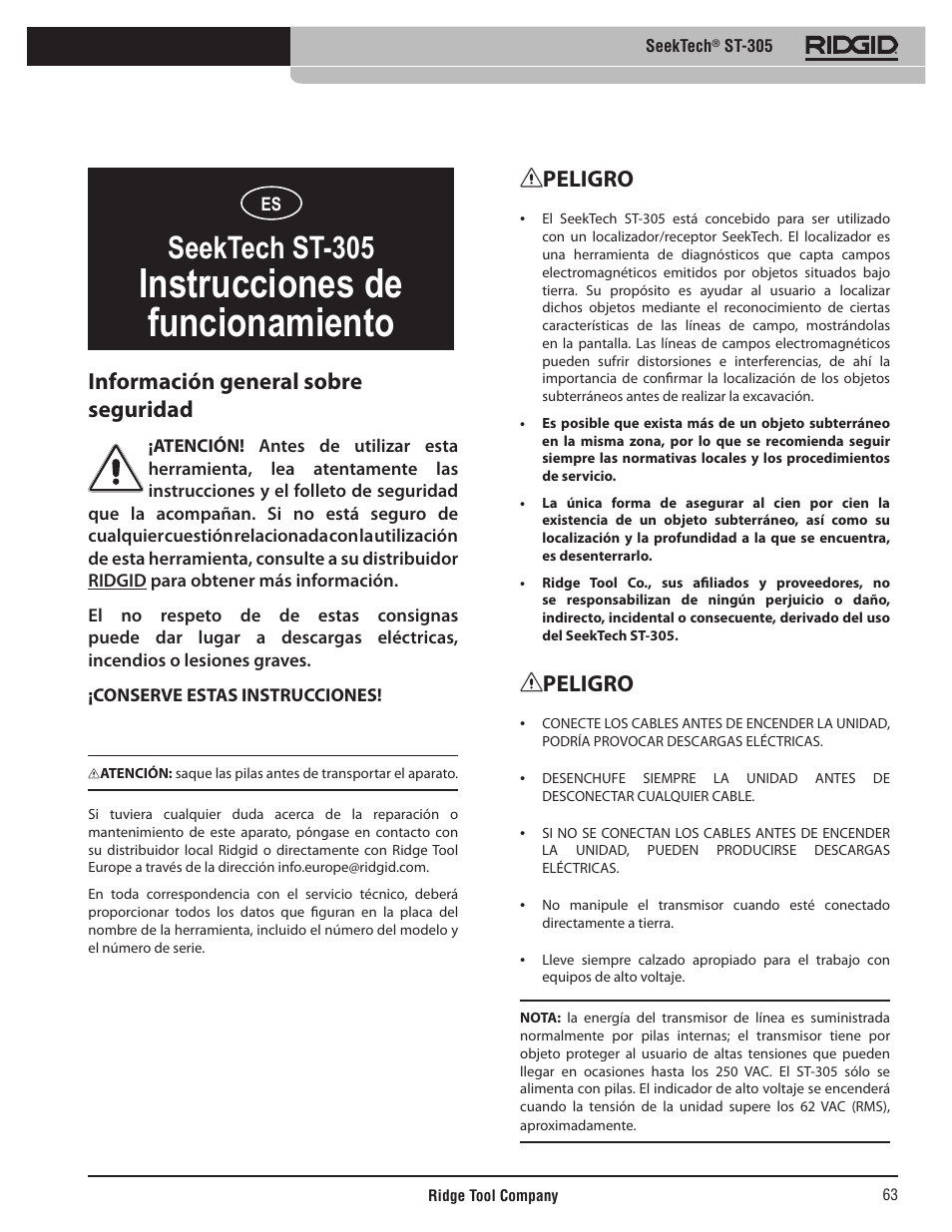 Instrucciones de funcionamiento, Seektech st-305, Peligro | Información general sobre seguridad | RIDGID SeekTech ST-305 User Manual | Page 64 / 141