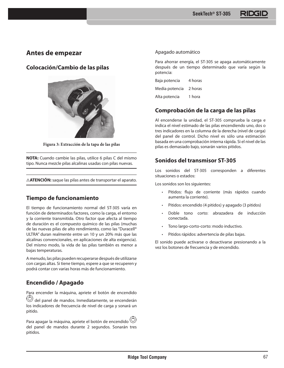 Antes de empezar, Colocación/cambio de las pilas, Tiempo de funcionamiento | Encendido / apagado, Comprobación de la carga de las pilas, Sonidos del transmisor st-305 | RIDGID SeekTech ST-305 User Manual | Page 68 / 141