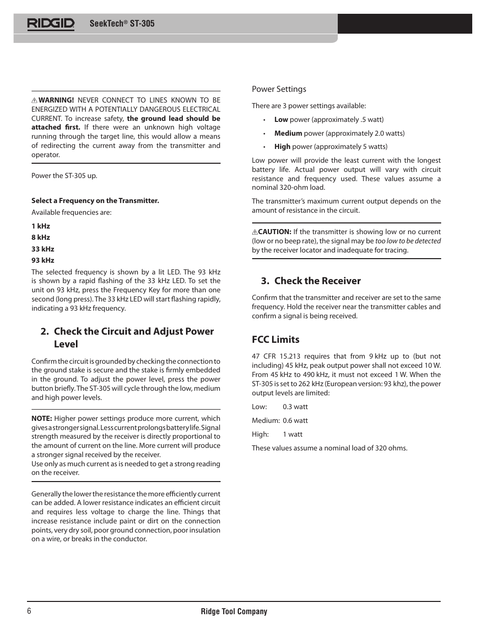 Check the circuit and adjust power level, Check the receiver, Fcc limits | RIDGID SeekTech ST-305 User Manual | Page 7 / 141