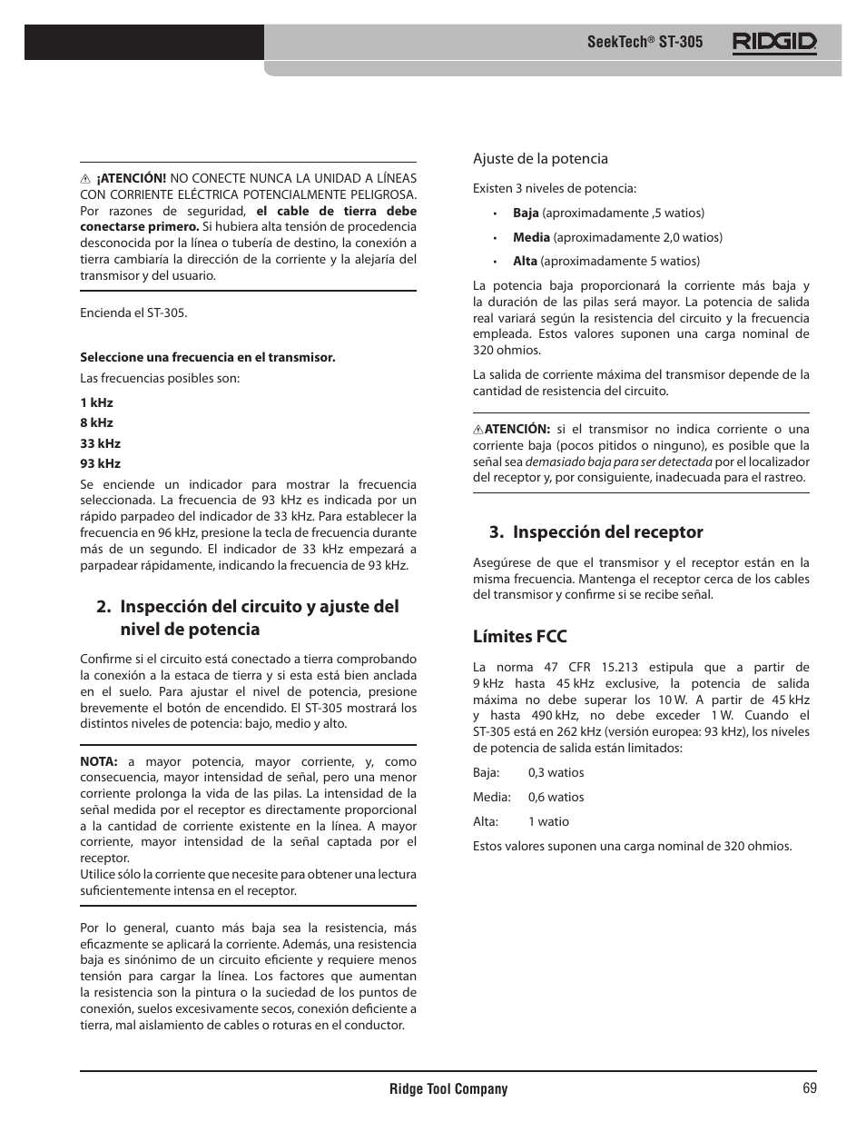 Inspección del receptor, Límites fcc | RIDGID SeekTech ST-305 User Manual | Page 70 / 141