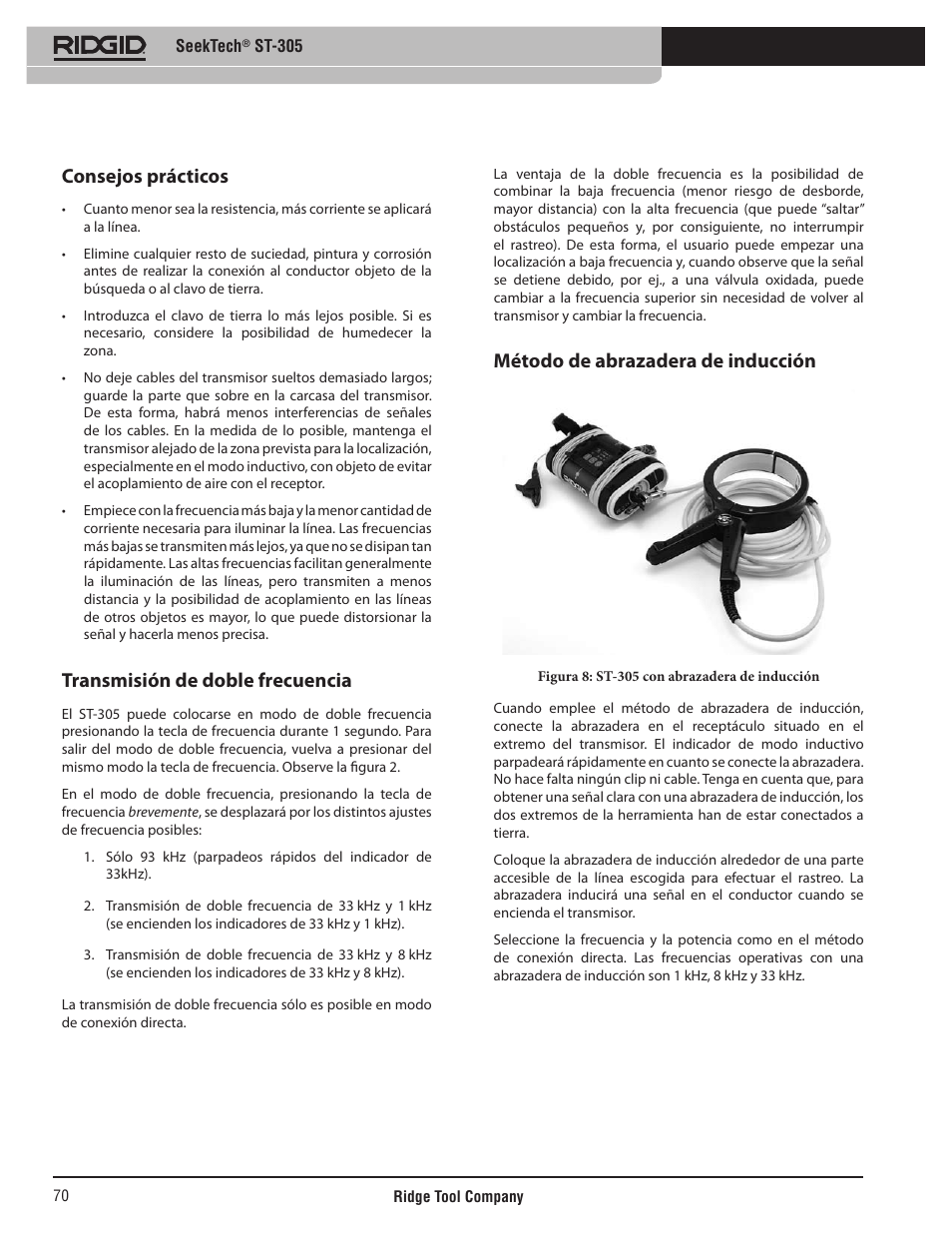 Consejos prácticos, Transmisión de doble frecuencia, Método de abrazadera de inducción | RIDGID SeekTech ST-305 User Manual | Page 71 / 141