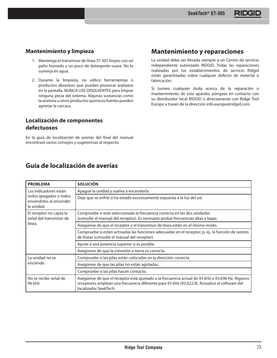 Mantenimiento y reparaciones, Guía de localización de averías, Mantenimiento y limpieza | Localización de componentes defectuosos | RIDGID SeekTech ST-305 User Manual | Page 74 / 141