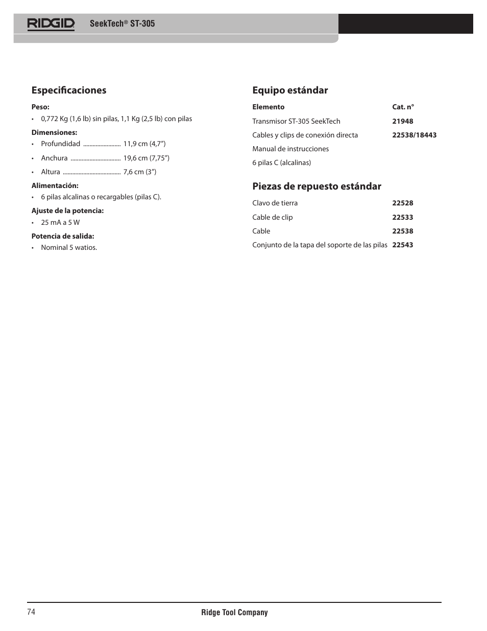 Especificaciones, Equipo estándar, Piezas de repuesto estándar | RIDGID SeekTech ST-305 User Manual | Page 75 / 141