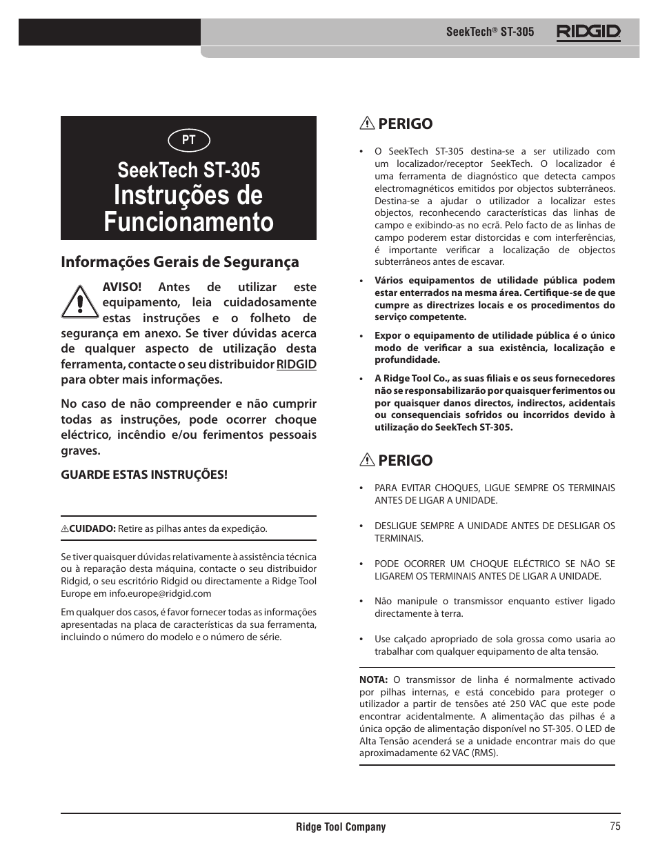 Instruções de funcionamento, Seektech st-305, Perigo | Informações gerais de segurança | RIDGID SeekTech ST-305 User Manual | Page 76 / 141