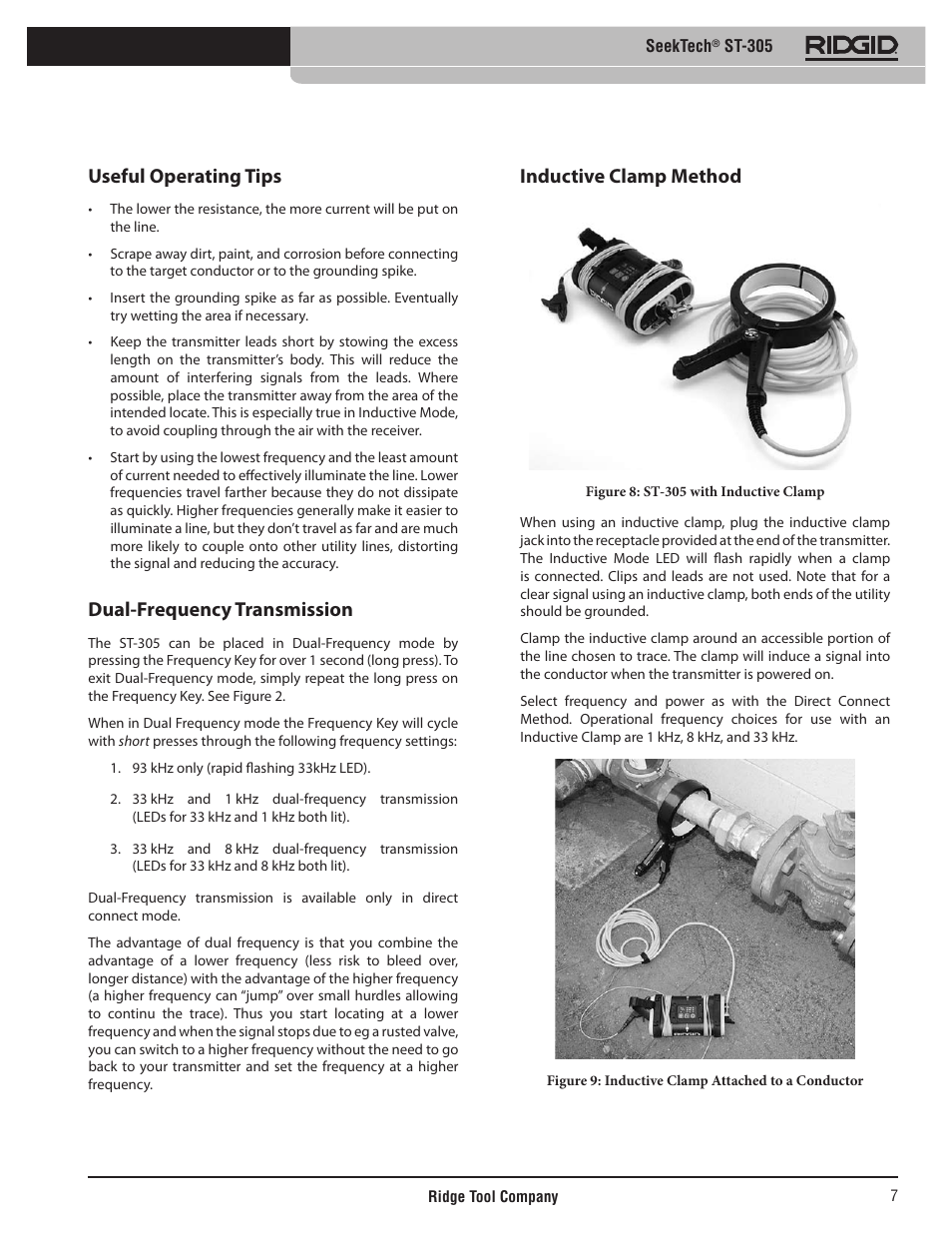 Useful operating tips, Dual-frequency transmission, Inductive clamp method | RIDGID SeekTech ST-305 User Manual | Page 8 / 141