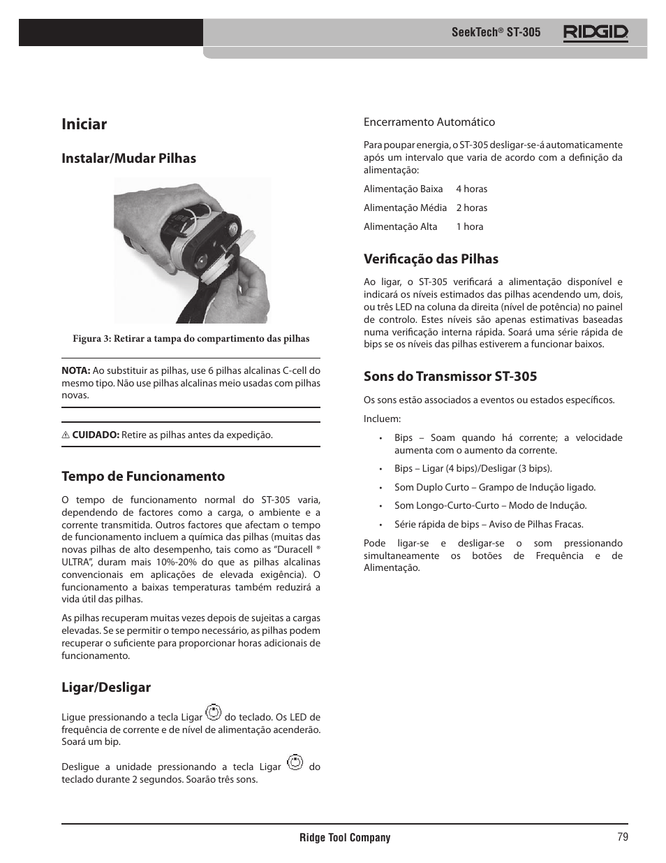 Iniciar, Instalar/mudar pilhas, Tempo de funcionamento | Ligar/desligar, Verificação das pilhas, Sons do transmissor st-305 | RIDGID SeekTech ST-305 User Manual | Page 80 / 141