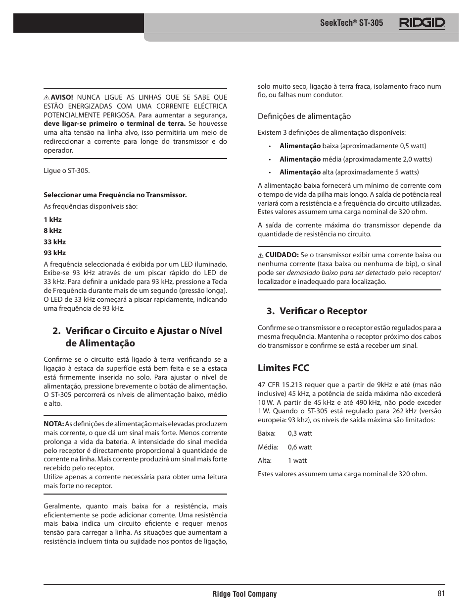 Verificar o receptor, Limites fcc | RIDGID SeekTech ST-305 User Manual | Page 82 / 141