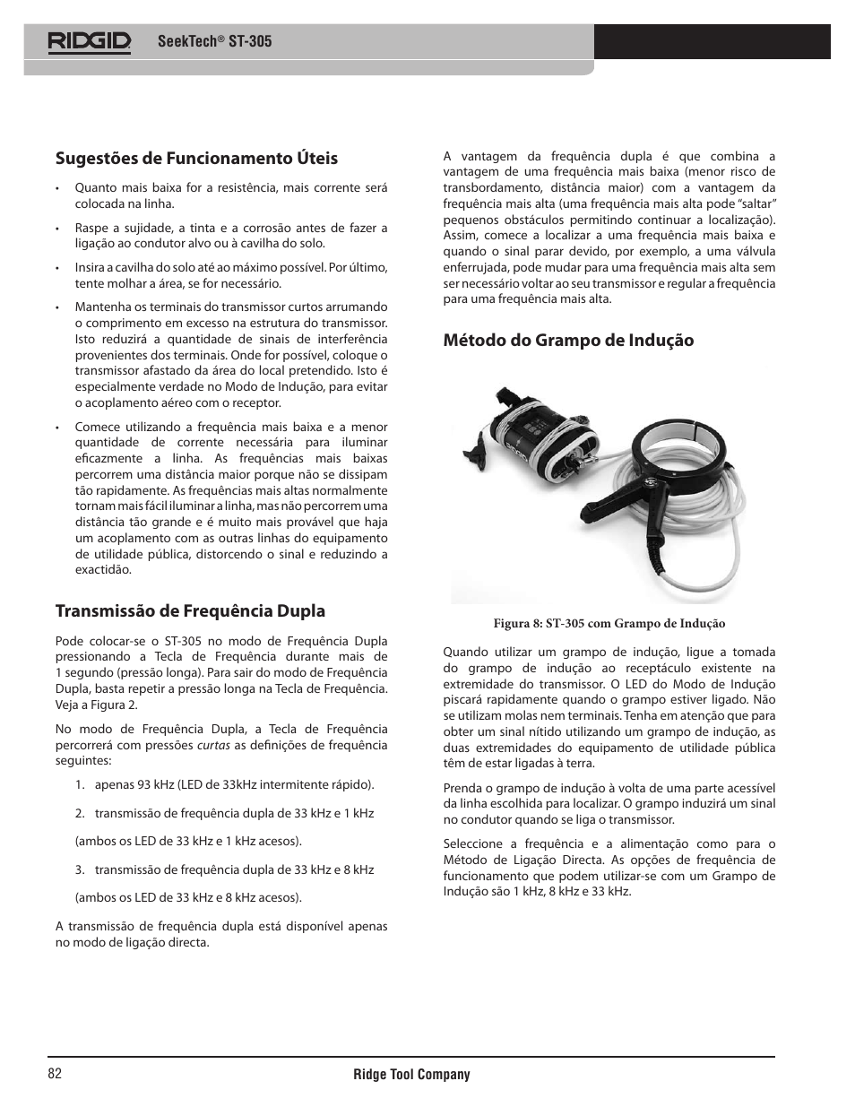 Sugestões de funcionamento úteis, Transmissão de frequência dupla, Método do grampo de indução | RIDGID SeekTech ST-305 User Manual | Page 83 / 141