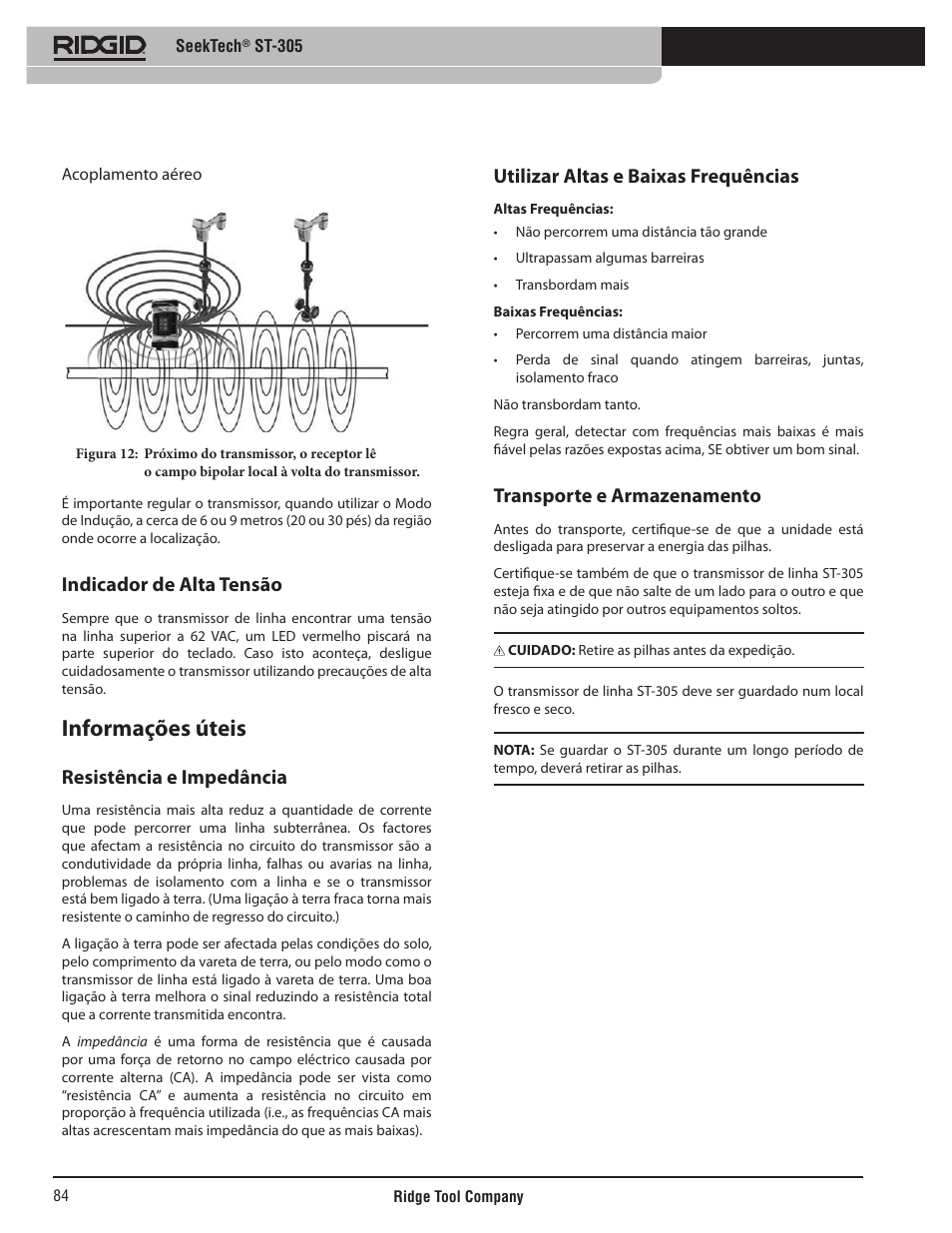 Informações úteis, Indicador de alta tensão, Resistência e impedância | Utilizar altas e baixas frequências, Transporte e armazenamento | RIDGID SeekTech ST-305 User Manual | Page 85 / 141