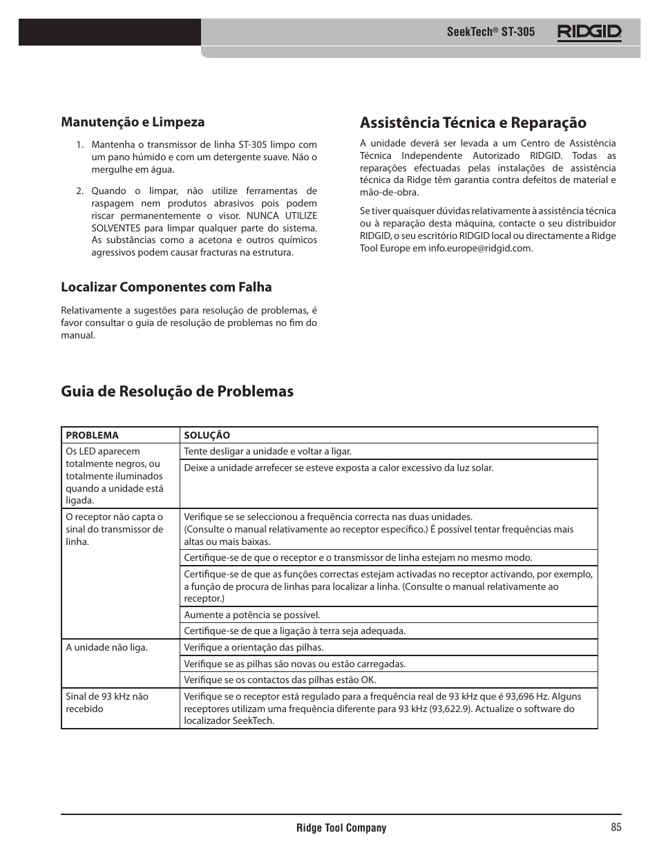 Guia de resolução de problemas, Assistência técnica e reparação, Manutenção e limpeza | Localizar componentes com falha | RIDGID SeekTech ST-305 User Manual | Page 86 / 141