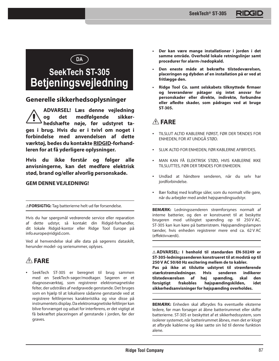 Betjeningsvejledning, Seektech st-305, Fare | Generelle sikkerhedsoplysninger | RIDGID SeekTech ST-305 User Manual | Page 88 / 141