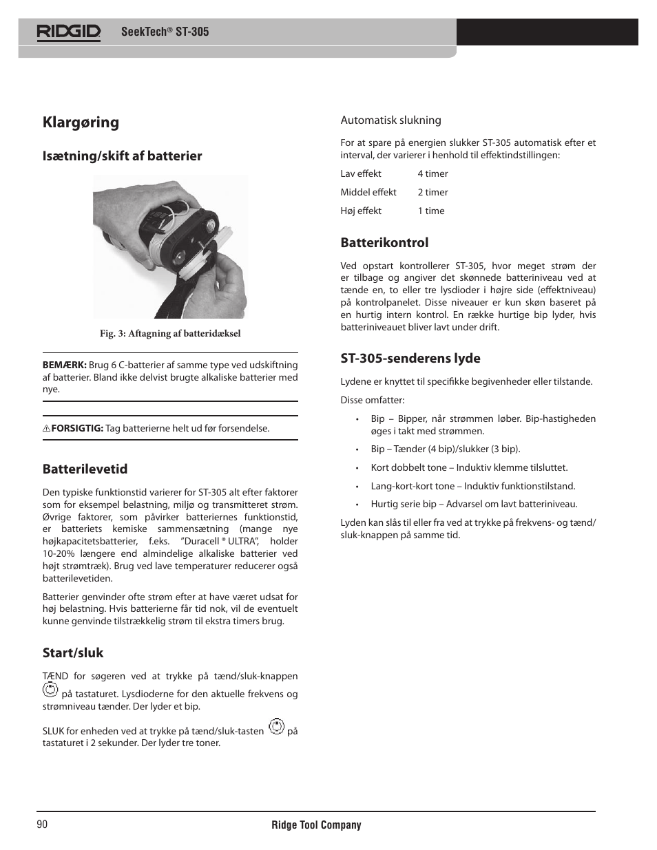 Klargøring, Isætning/skift af batterier, Batterilevetid | Start/sluk, Batterikontrol, St-305-senderens lyde | RIDGID SeekTech ST-305 User Manual | Page 91 / 141