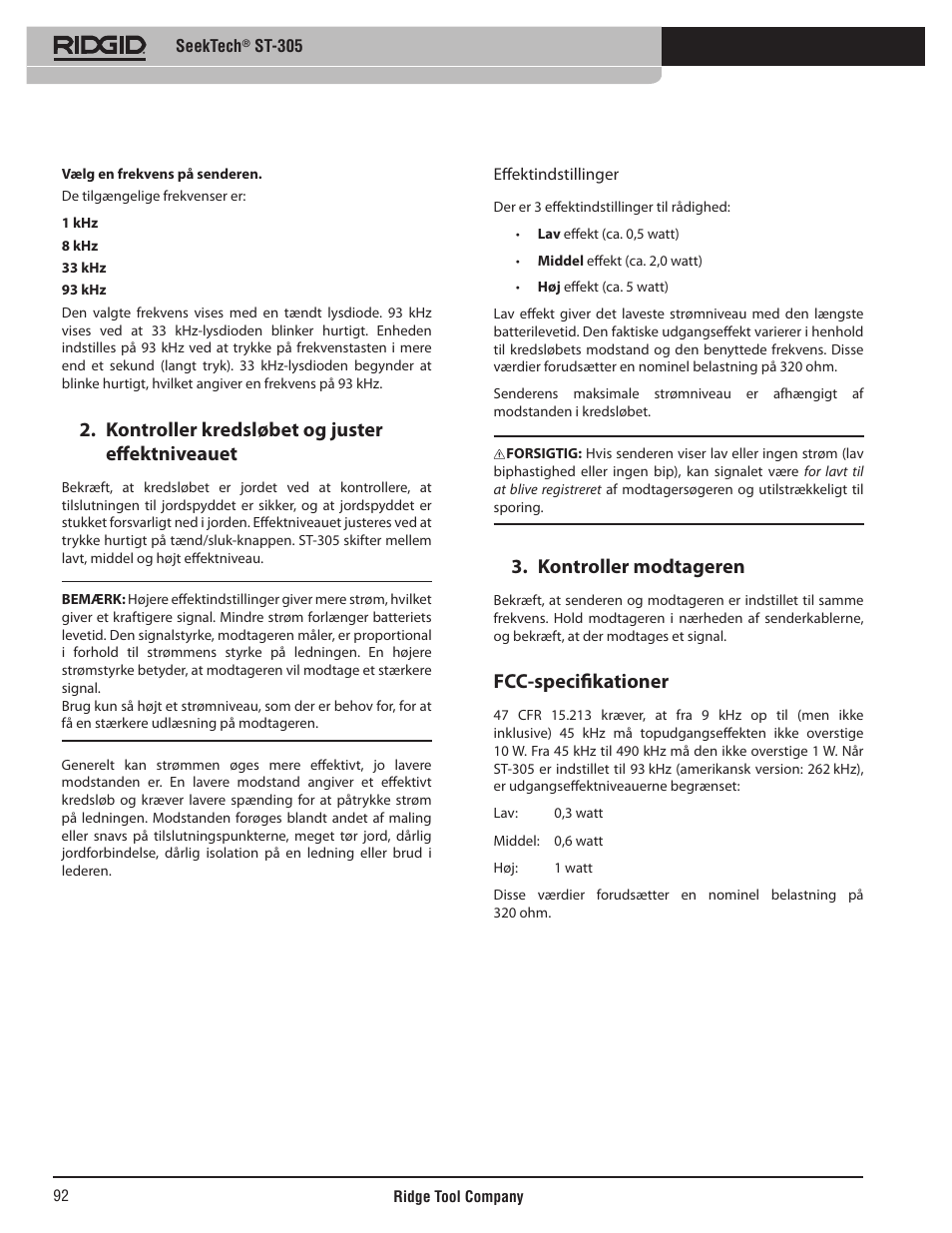Kontroller kredsløbet og juster effektniveauet, Kontroller modtageren, Fcc-specifikationer | RIDGID SeekTech ST-305 User Manual | Page 93 / 141