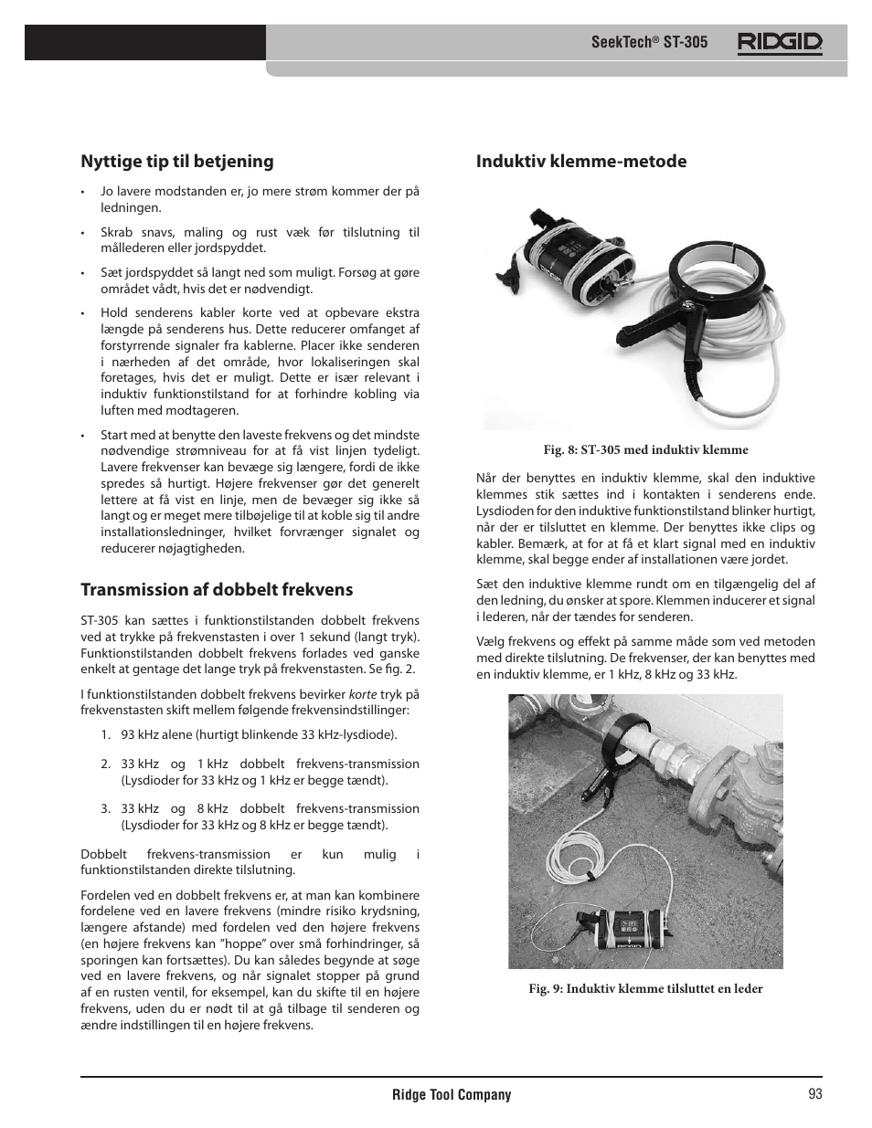 Nyttige tip til betjening, Transmission af dobbelt frekvens, Induktiv klemme-metode | RIDGID SeekTech ST-305 User Manual | Page 94 / 141