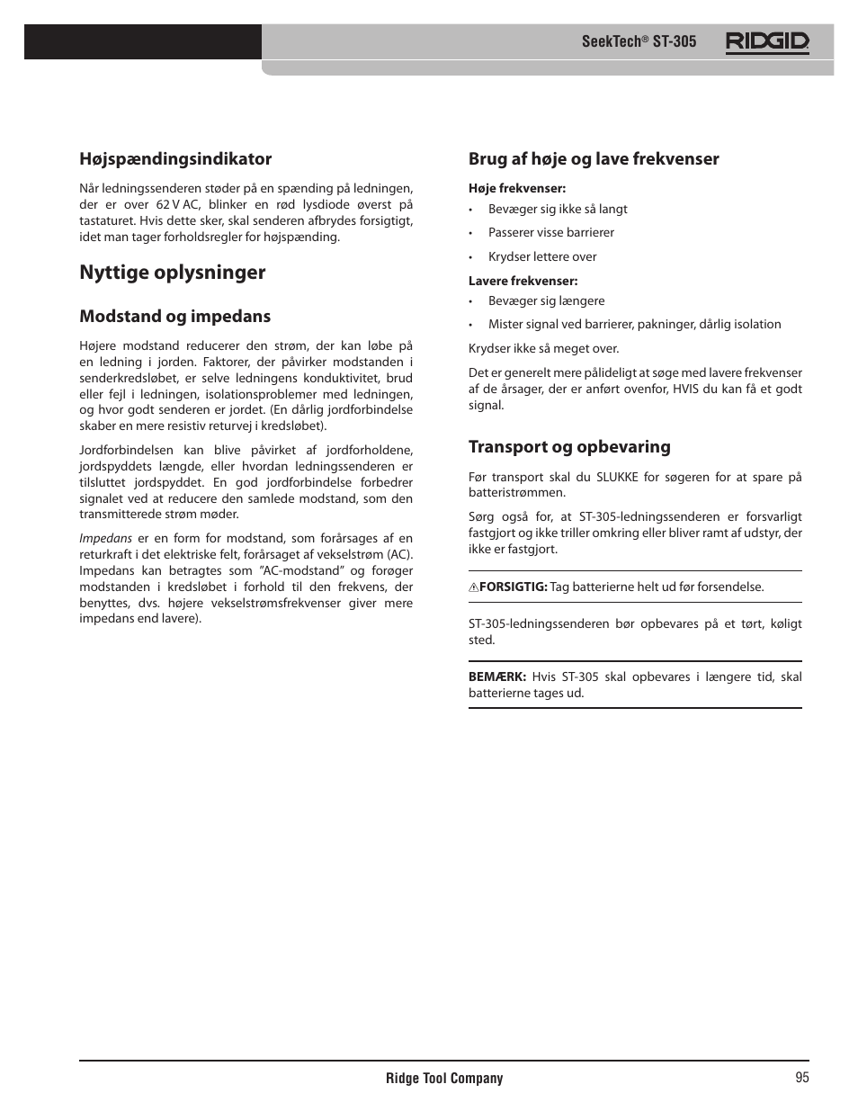 Nyttige oplysninger, Højspændingsindikator, Modstand og impedans | Brug af høje og lave frekvenser, Transport og opbevaring | RIDGID SeekTech ST-305 User Manual | Page 96 / 141